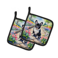 French Bulldog Spring Path Pot Holder Set of 2 Heat Resistant Quilted Hot Pads 7.5 x 7.5 Inch, Insulated Kitchen Trivets for Cooking & Baking