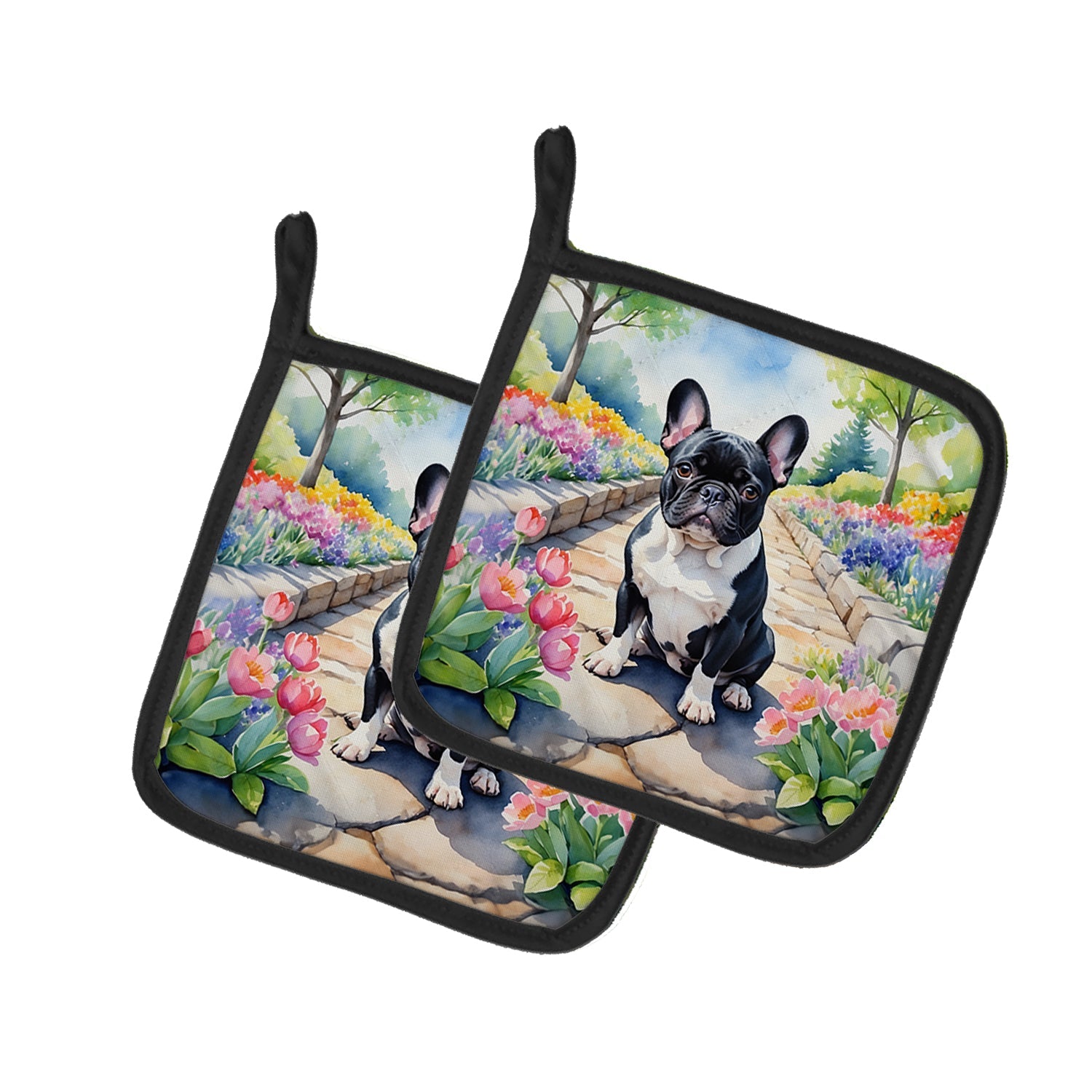 French Bulldog Spring Path Pot Holder Set of 2 Heat Resistant Quilted Hot Pads 7.5 x 7.5 Inch, Insulated Kitchen Trivets for Cooking & Baking