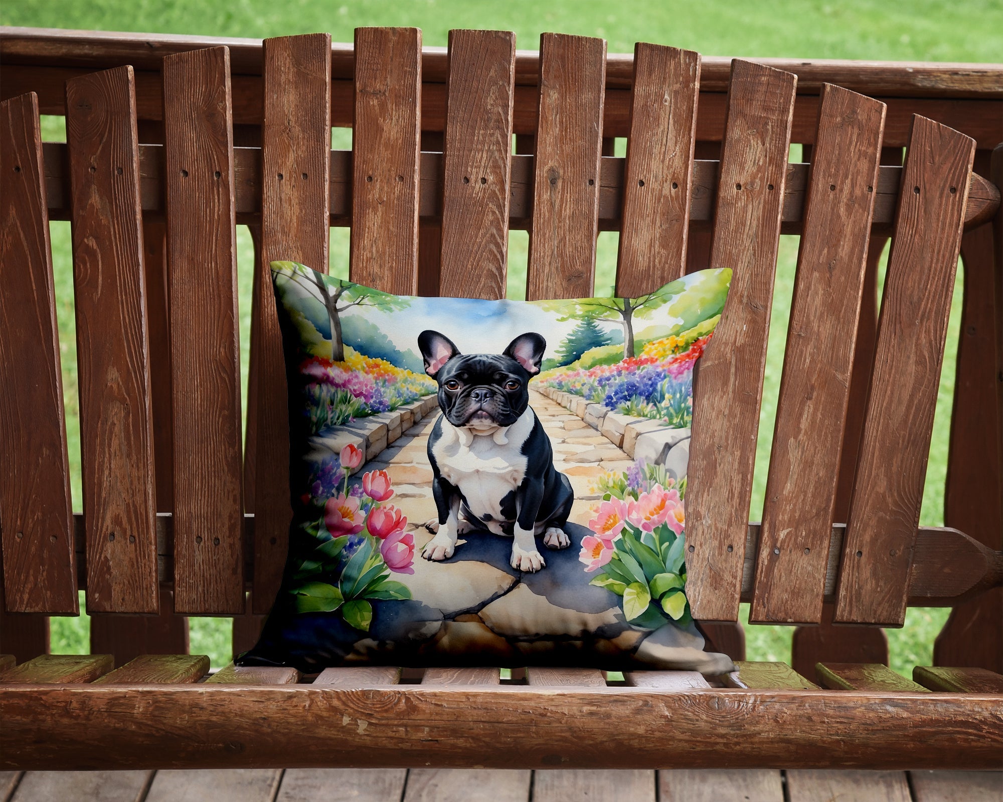 French Bulldog Spring Path Decorative Throw Pillow 14x14 Indoor Outdoor Accent Cushion, Fabric Cover with Insert for Sofa, Bed, Porch & Living Room