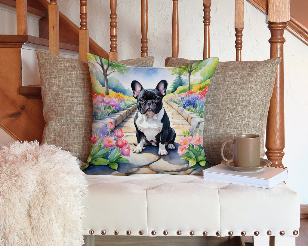French Bulldog Spring Path Decorative Throw Pillow 14x14 Indoor Outdoor Accent Cushion, Fabric Cover with Insert for Sofa, Bed, Porch & Living Room