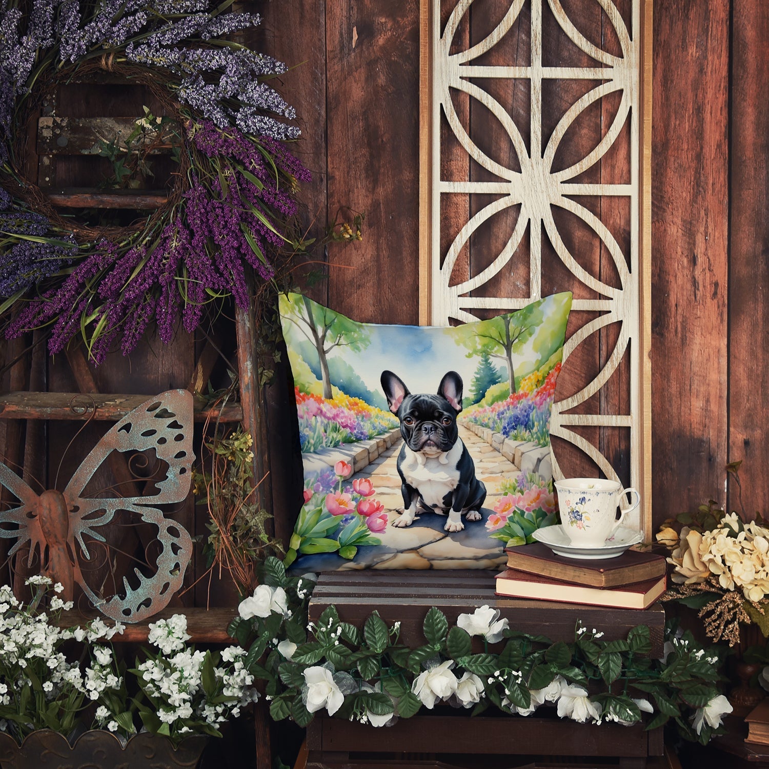 French Bulldog Spring Path Decorative Throw Pillow 14x14 Indoor Outdoor Accent Cushion, Fabric Cover with Insert for Sofa, Bed, Porch & Living Room