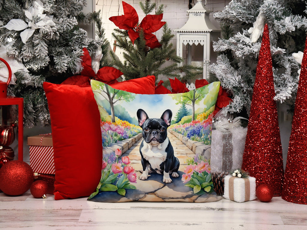 French Bulldog Spring Path Decorative Throw Pillow 14x14 Indoor Outdoor Accent Cushion, Fabric Cover with Insert for Sofa, Bed, Porch & Living Room