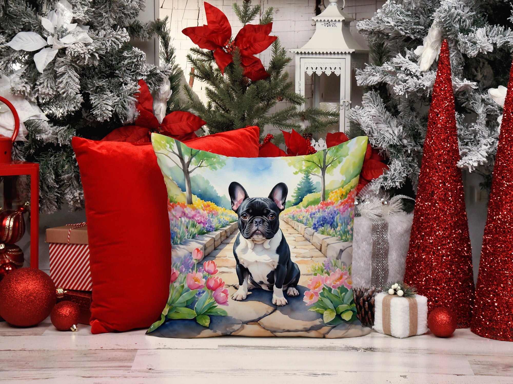 French Bulldog Spring Path Decorative Throw Pillow 14x14 Indoor Outdoor Accent Cushion, Fabric Cover with Insert for Sofa, Bed, Porch & Living Room