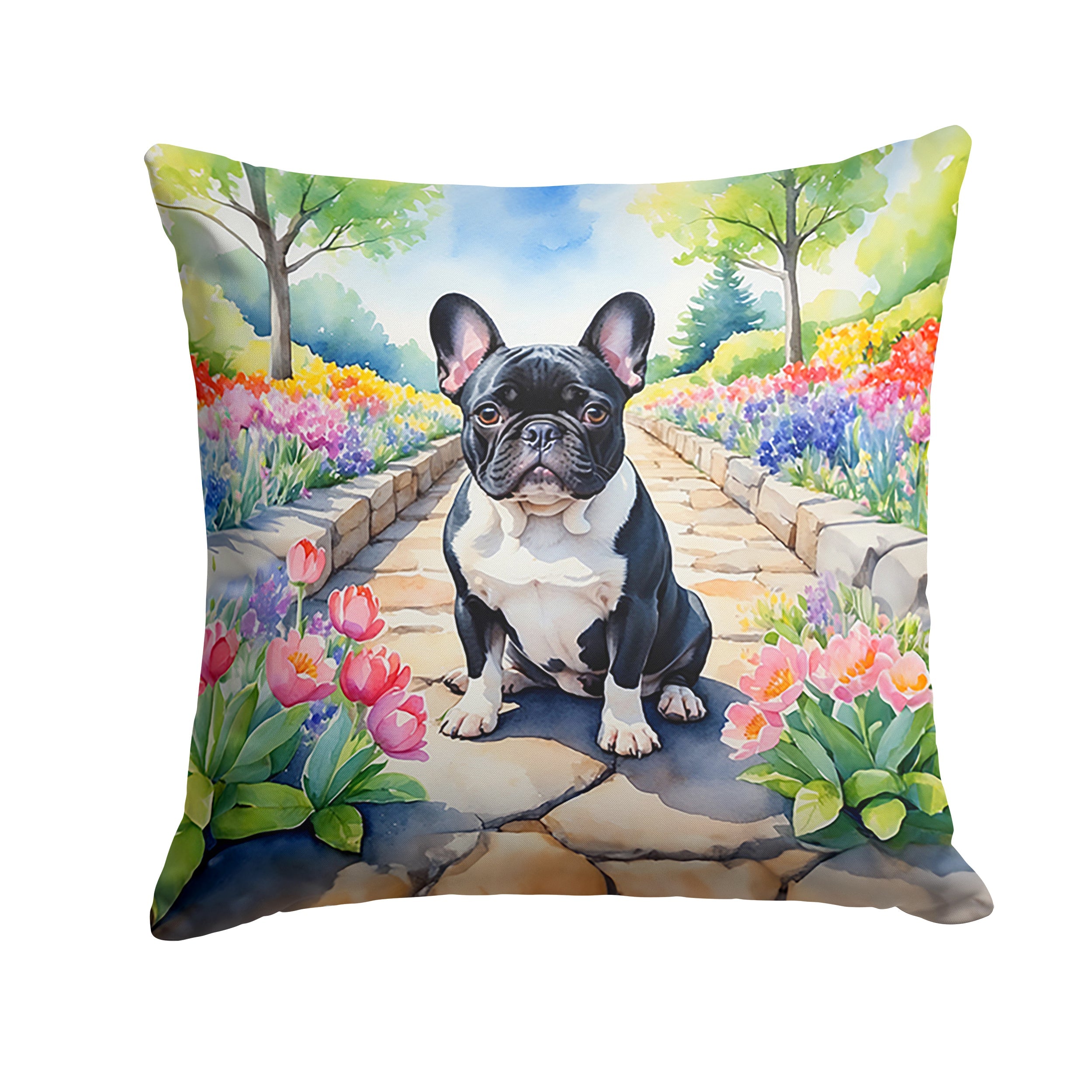 French Bulldog Spring Path Decorative Throw Pillow 18x18 Indoor Outdoor Accent Cushion, Fabric Cover with Insert for Sofa, Bed, Porch & Living Room