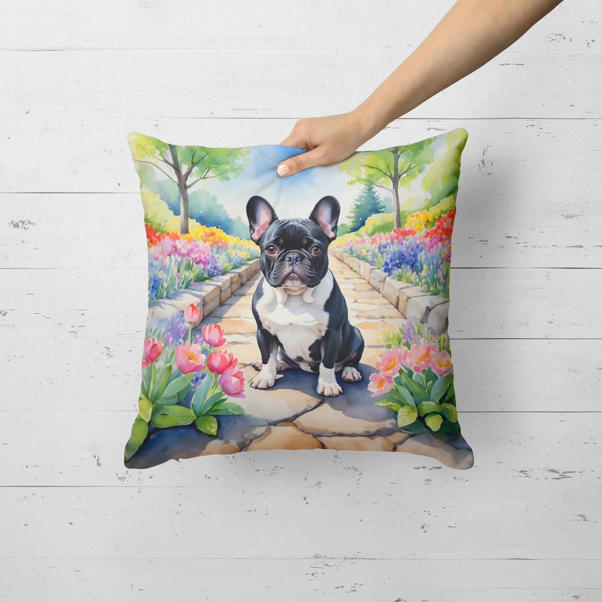 French Bulldog Spring Path Decorative Throw Pillow 18x18 Indoor Outdoor Accent Cushion, Fabric Cover with Insert for Sofa, Bed, Porch & Living Room