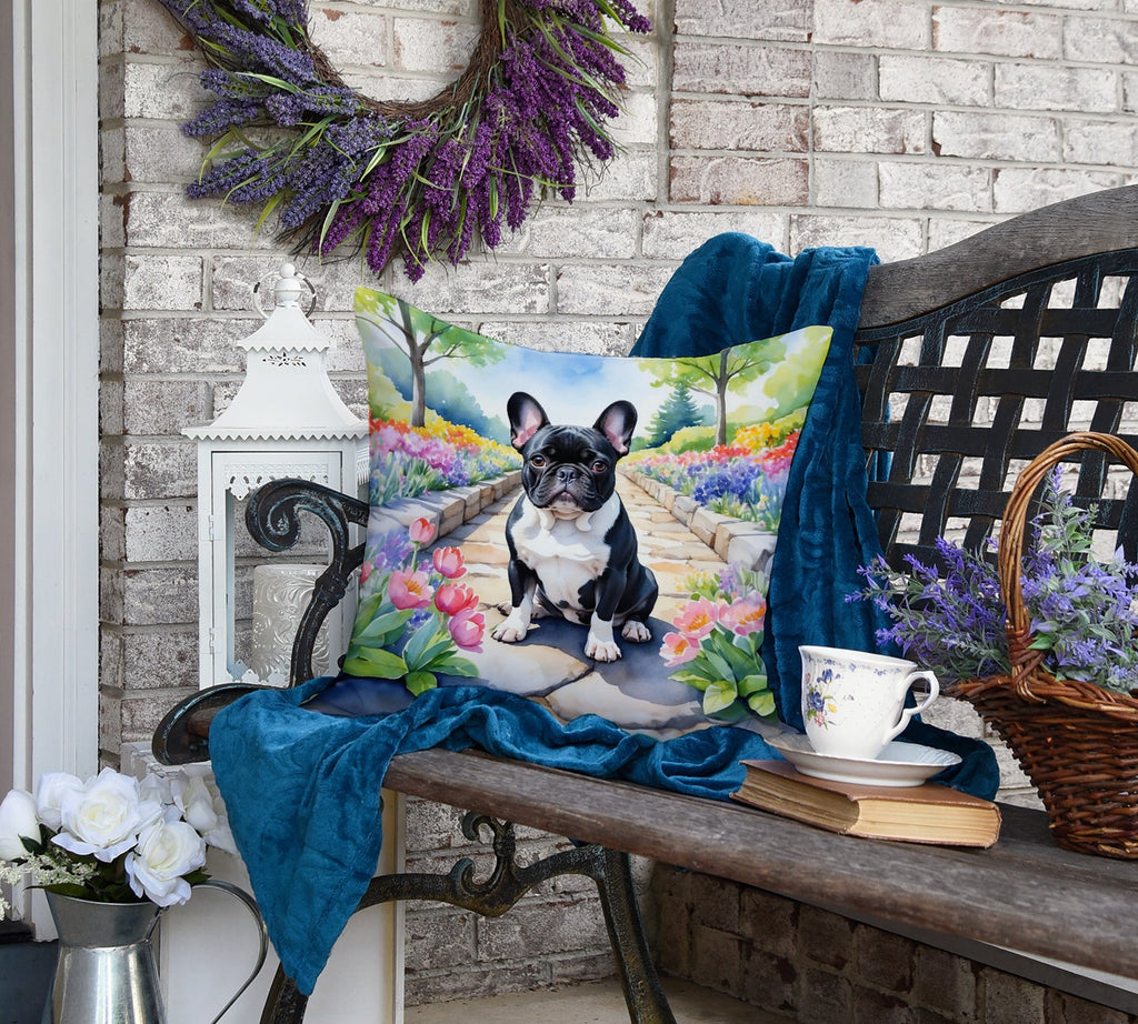 French Bulldog Spring Path Decorative Throw Pillow 18x18 Indoor Outdoor Accent Cushion, Fabric Cover with Insert for Sofa, Bed, Porch & Living Room