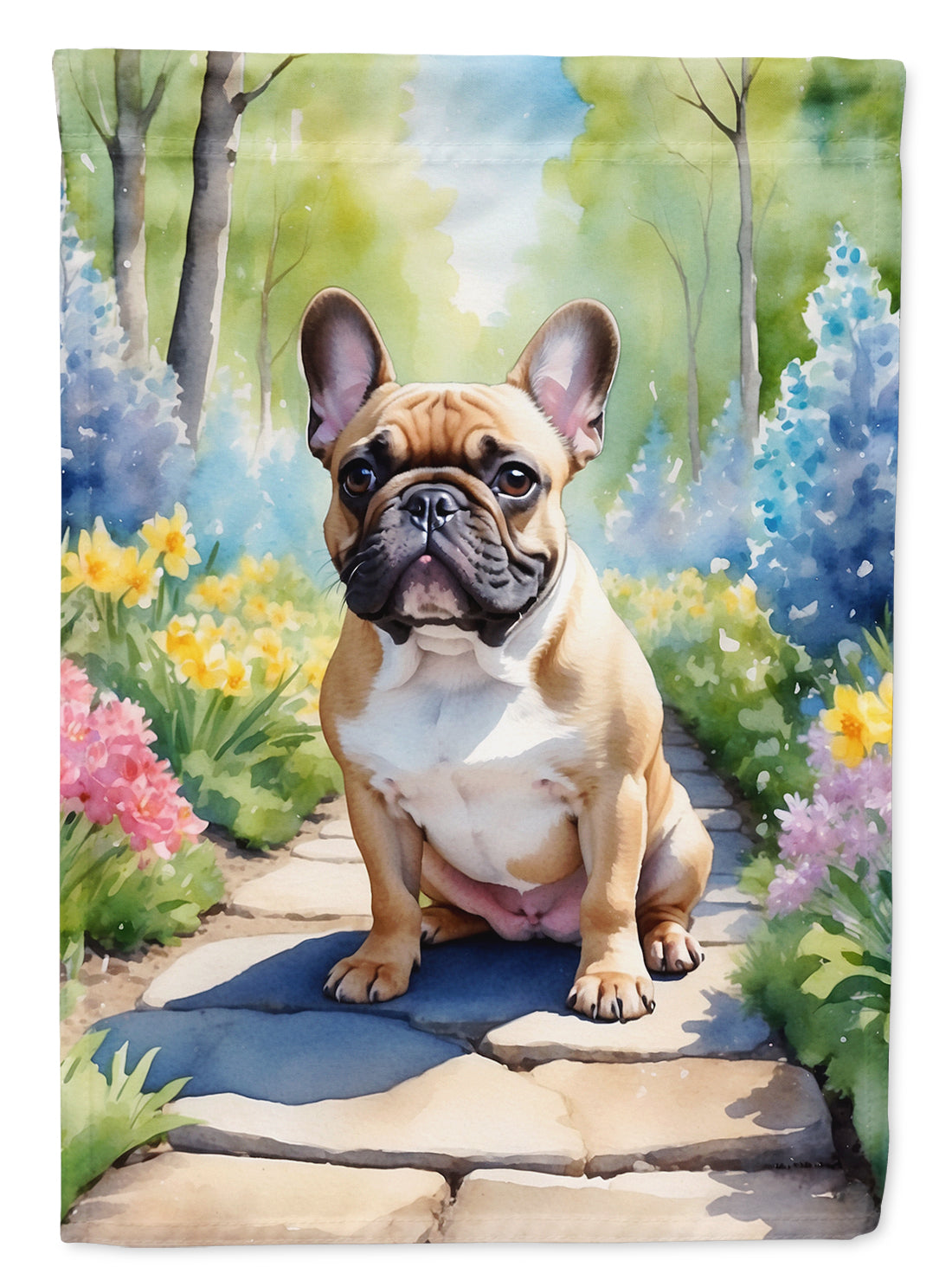 French Bulldog Spring Path House Flag 28x40 Porch Sleeve Pole Decorative Outside Yard Banner Artwork Wall Hanging, Polyester