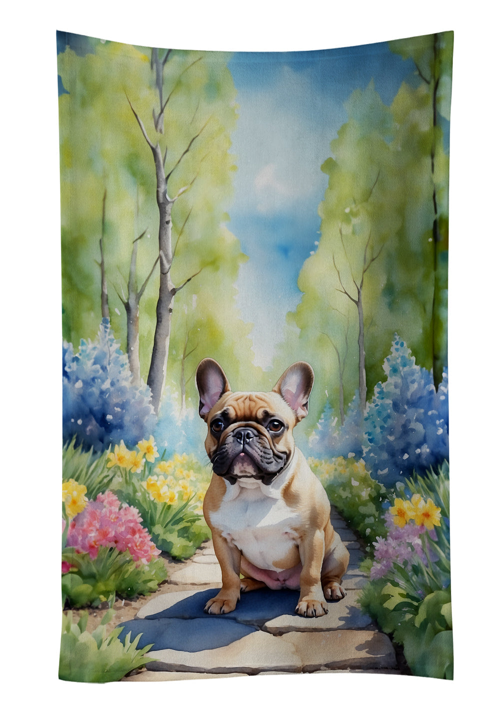 French Bulldog Spring Path Kitchen Towel Velour Plush Front and Cotton Loop Back Machine Washable