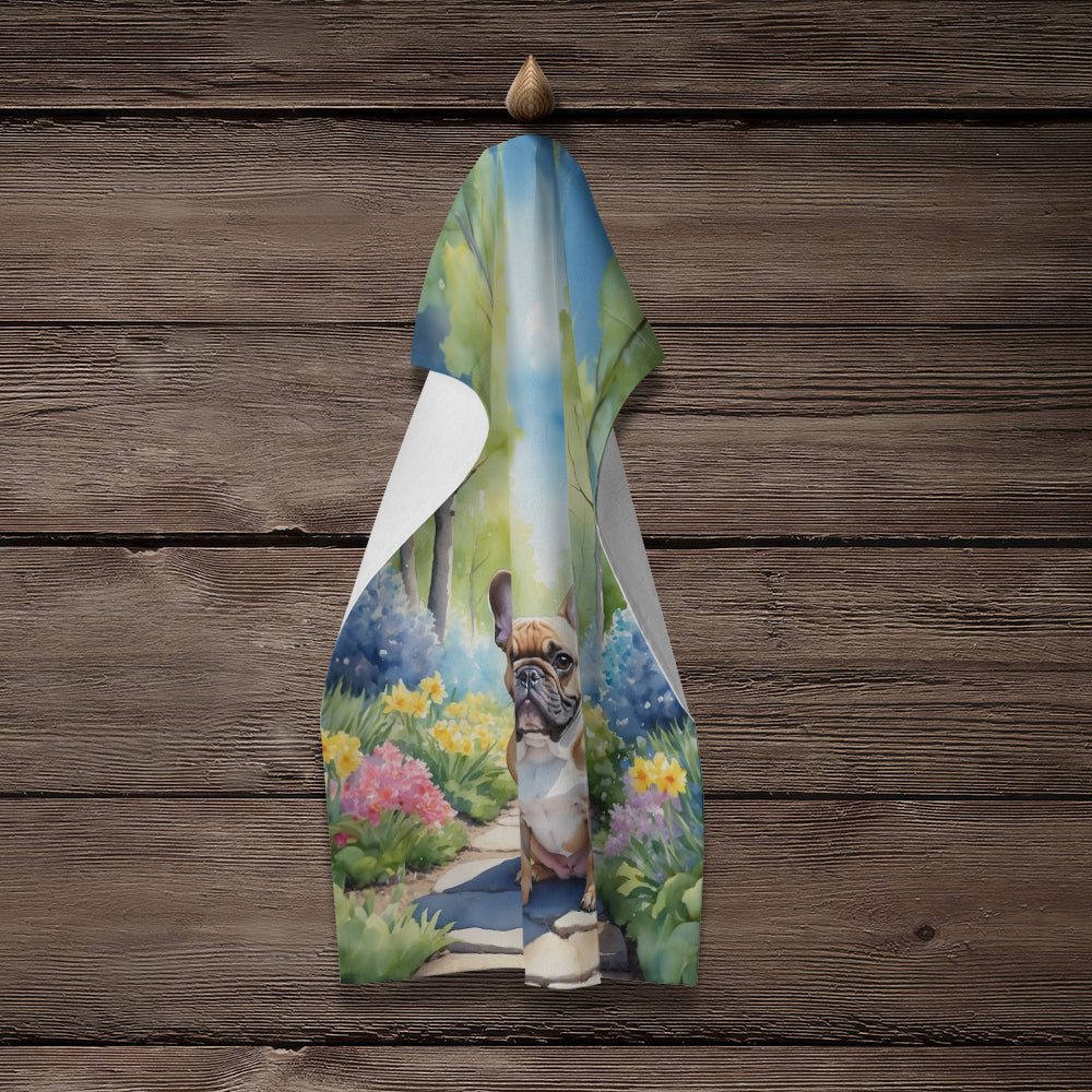 French Bulldog Spring Path Kitchen Towel Velour Plush Front and Cotton Loop Back Machine Washable