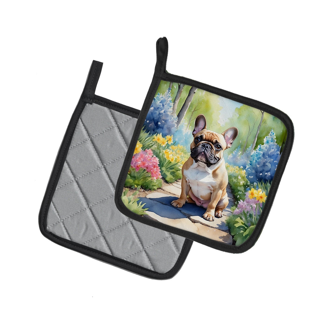 French Bulldog Spring Path Pot Holder Set of 2 Heat Resistant Quilted Hot Pads 7.5 x 7.5 Inch, Insulated Kitchen Trivets for Cooking & Baking