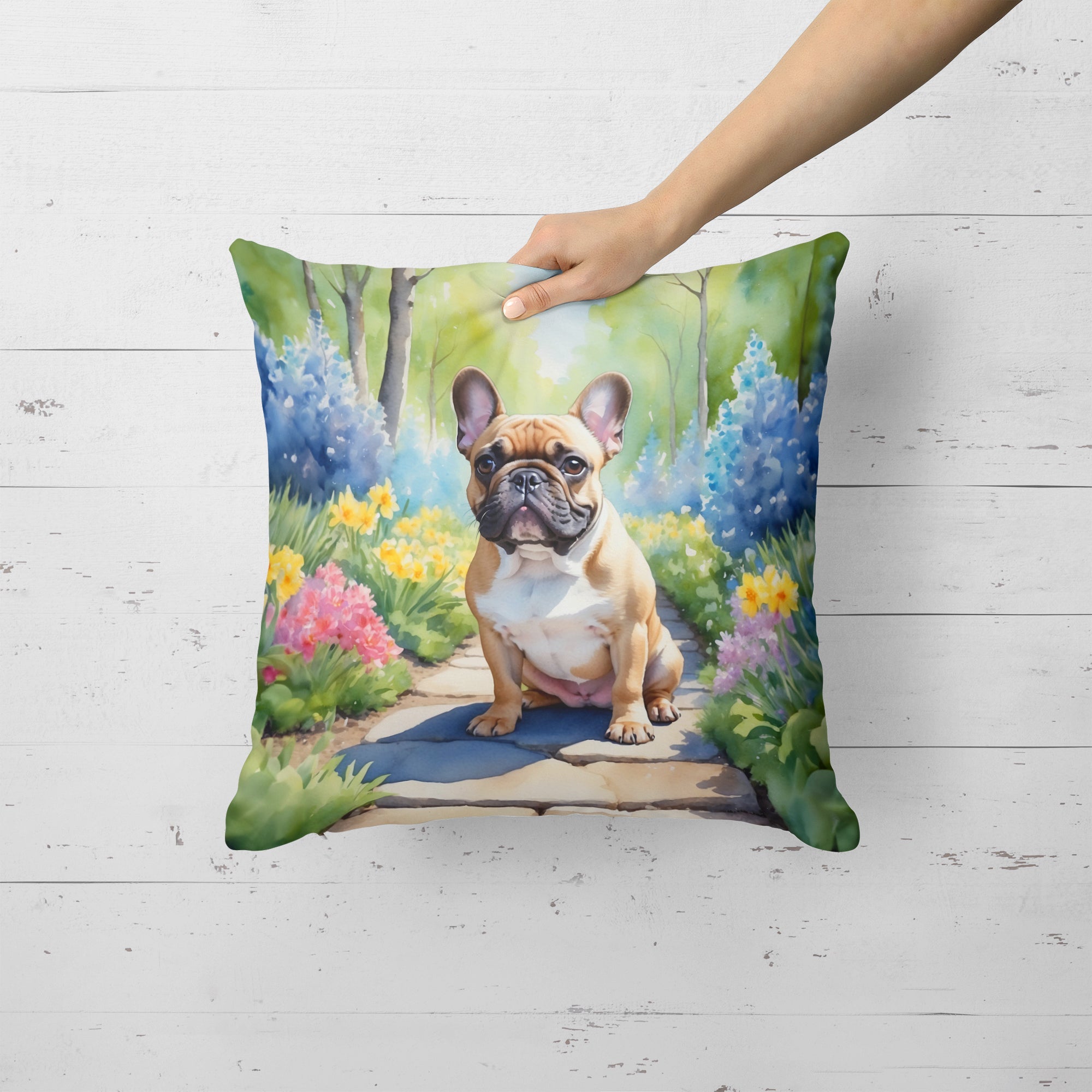 French Bulldog Spring Path Decorative Throw Pillow 18x18 Indoor Outdoor Accent Cushion, Fabric Cover with Insert for Sofa, Bed, Porch & Living Room
