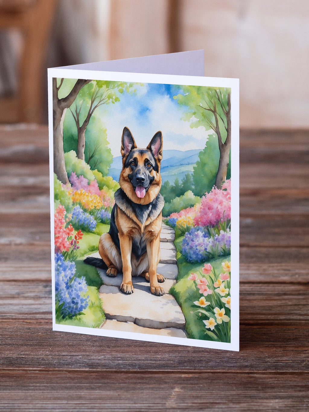 German Shepherd Spring Path Greeting Cards Pack of 8 Blank Cards with Envelopes Whimsical A7 Size 5x7