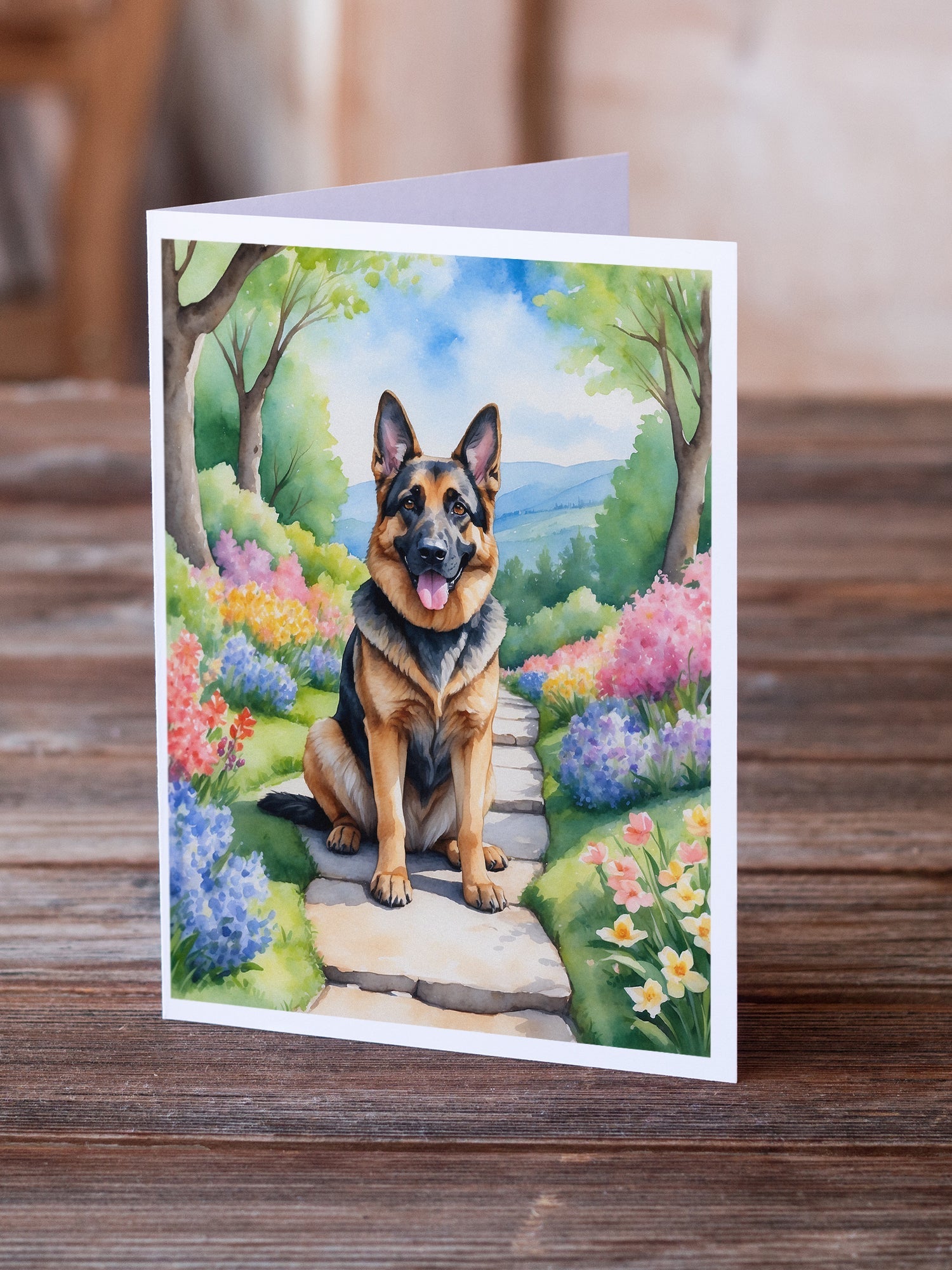 German Shepherd Spring Path Greeting Cards Pack of 8 Blank Cards with Envelopes Whimsical A7 Size 5x7