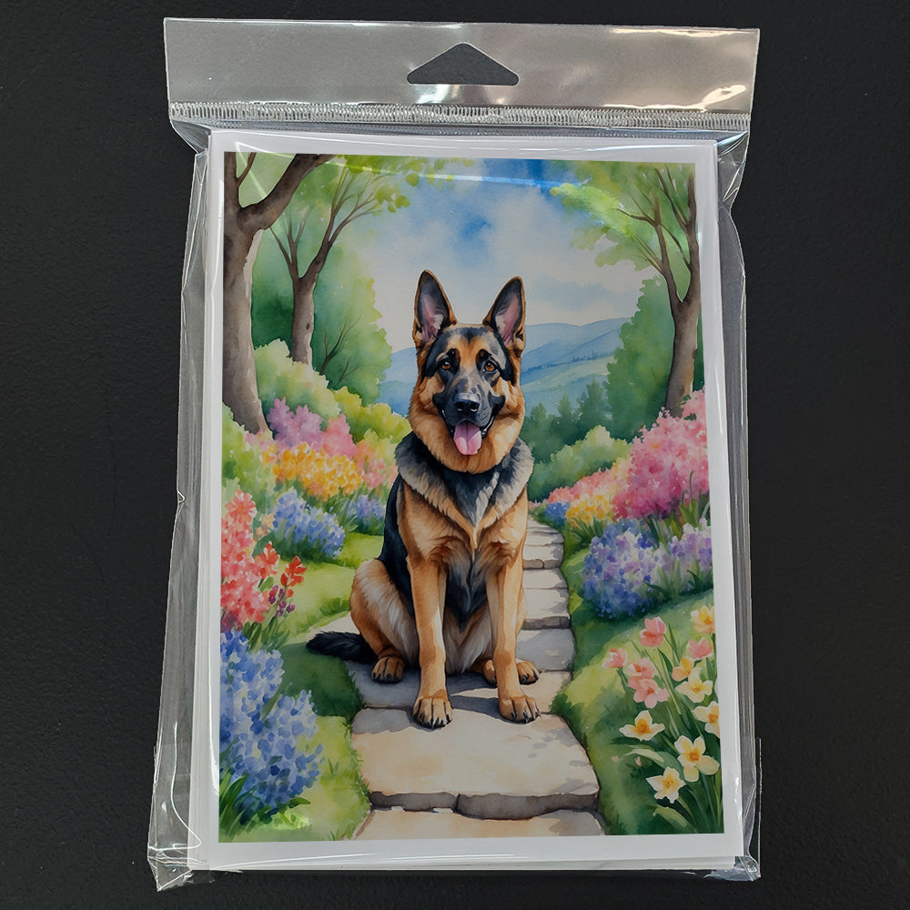 German Shepherd Spring Path Greeting Cards Pack of 8 Blank Cards with Envelopes Whimsical A7 Size 5x7