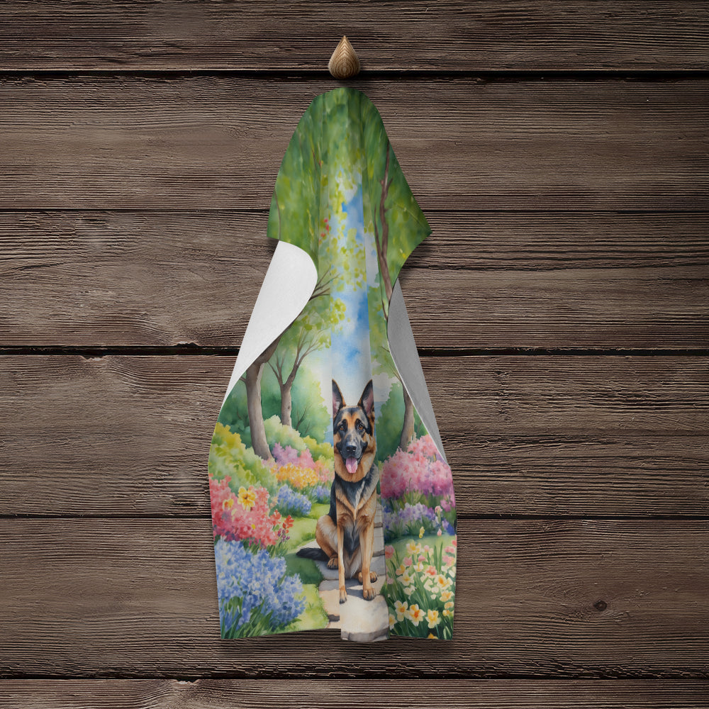 German Shepherd Spring Path Kitchen Towel Velour Plush Front and Cotton Loop Back Machine Washable