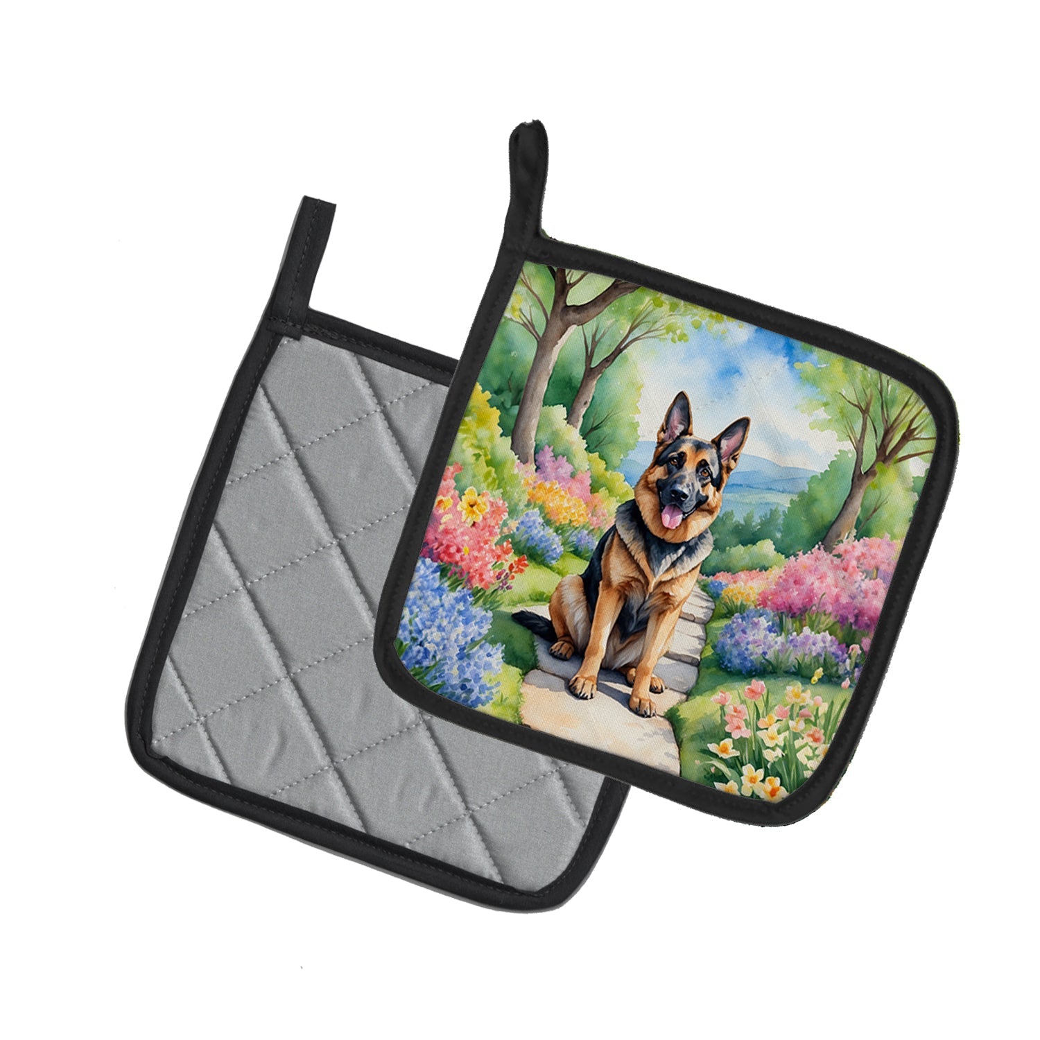 German Shepherd Spring Path Pot Holder Set of 2 Heat Resistant Quilted Hot Pads 7.5 x 7.5 Inch, Insulated Kitchen Trivets for Cooking & Baking