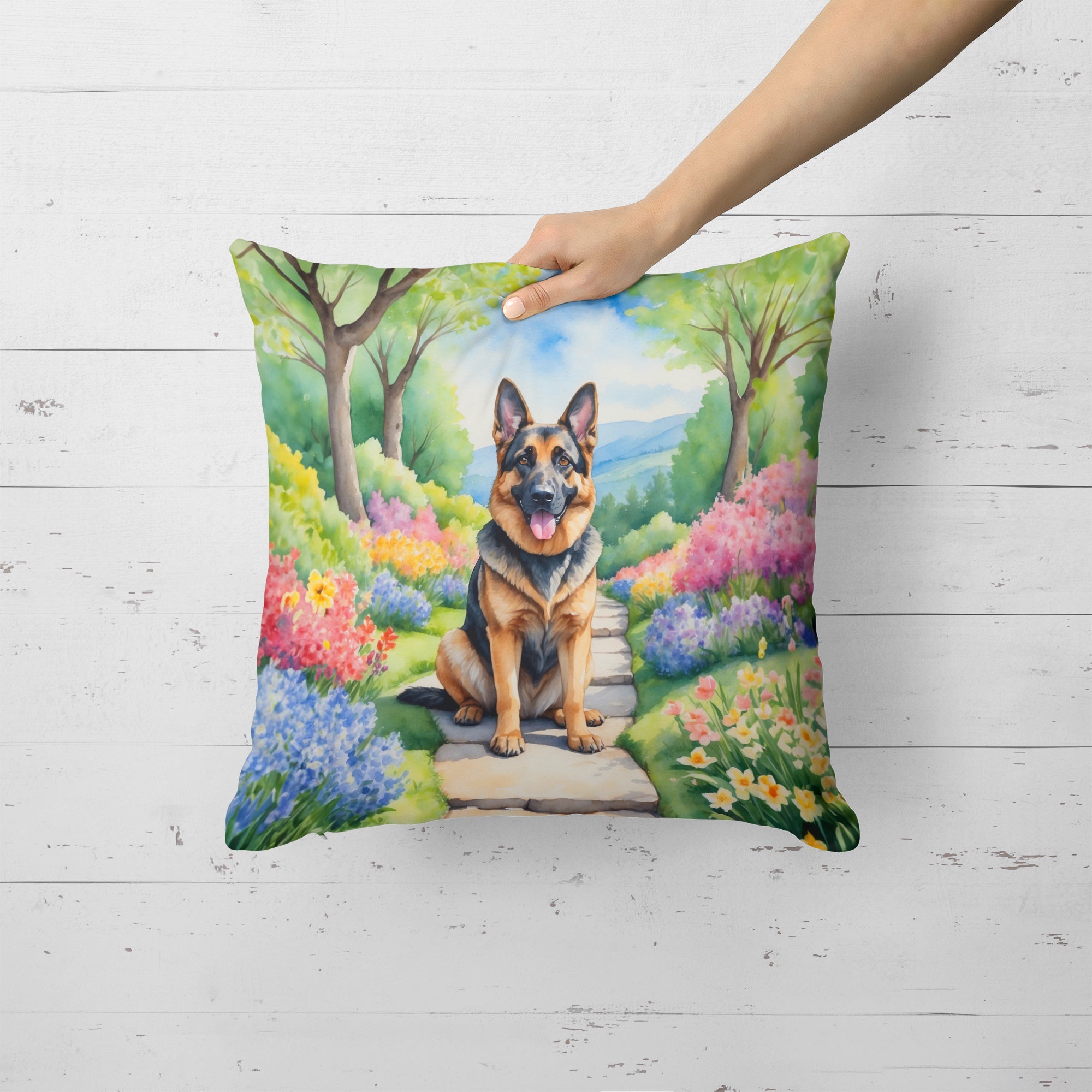 German Shepherd Spring Path Decorative Throw Pillow 18x18 Indoor Outdoor Accent Cushion, Fabric Cover with Insert for Sofa, Bed, Porch & Living Room