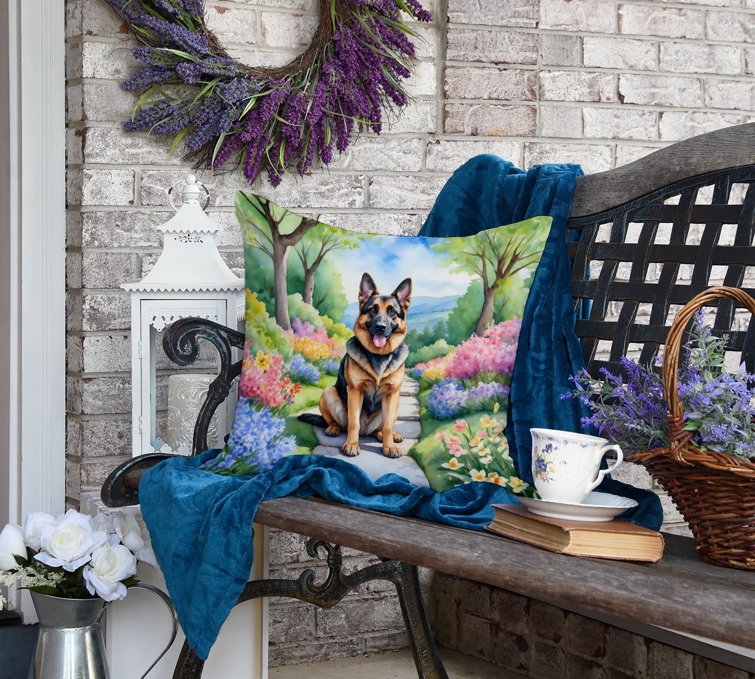 German Shepherd Spring Path Decorative Throw Pillow 18x18 Indoor Outdoor Accent Cushion, Fabric Cover with Insert for Sofa, Bed, Porch & Living Room