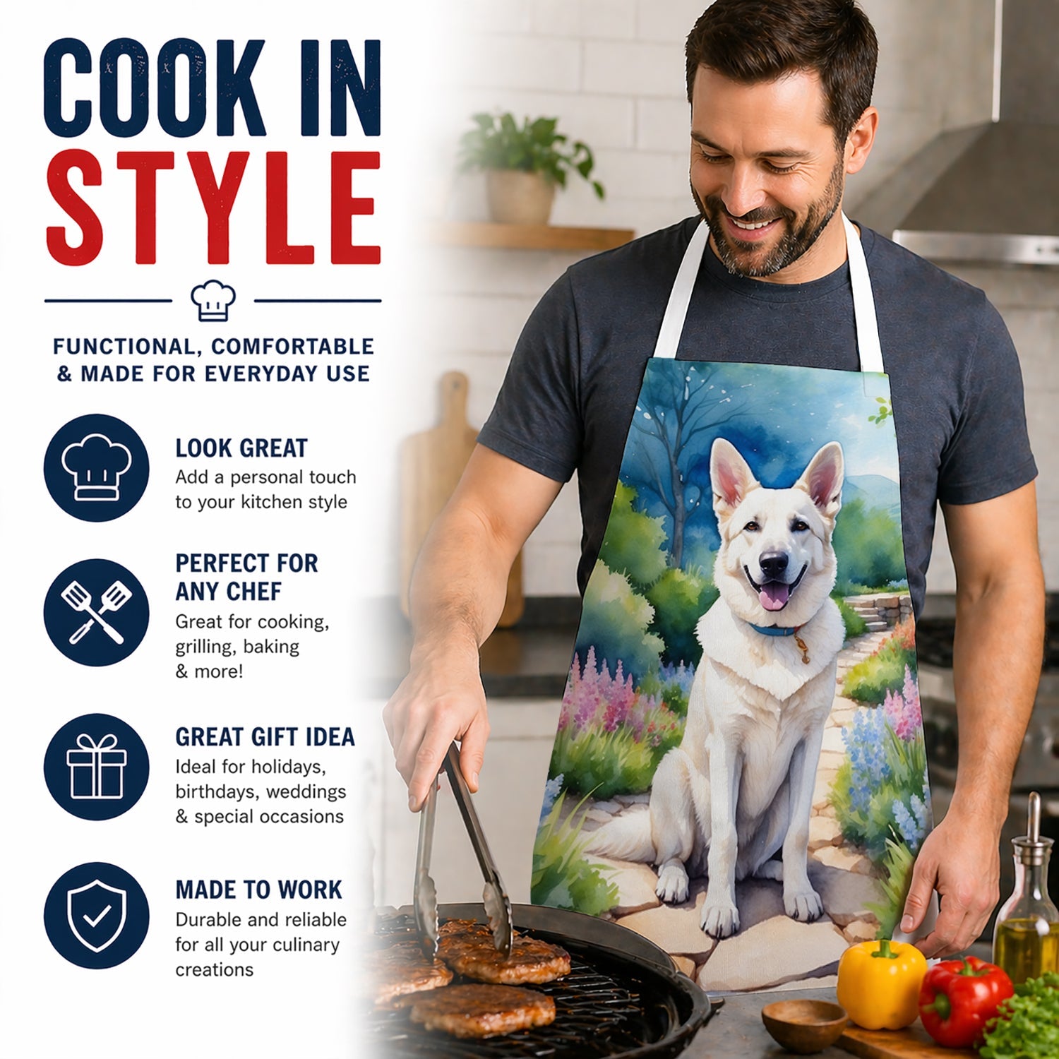 German Shepherd Spring Path Apron Cooking Kitchen Server Baking Crafts Gardening for Adult Women Men, Unisex, Large, Multicolor