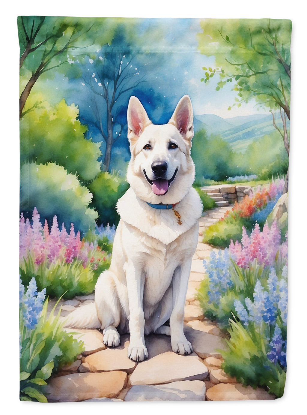 German Shepherd Spring Path House Flag 28x40 Porch Sleeve Pole Decorative Outside Yard Banner Artwork Wall Hanging, Polyester