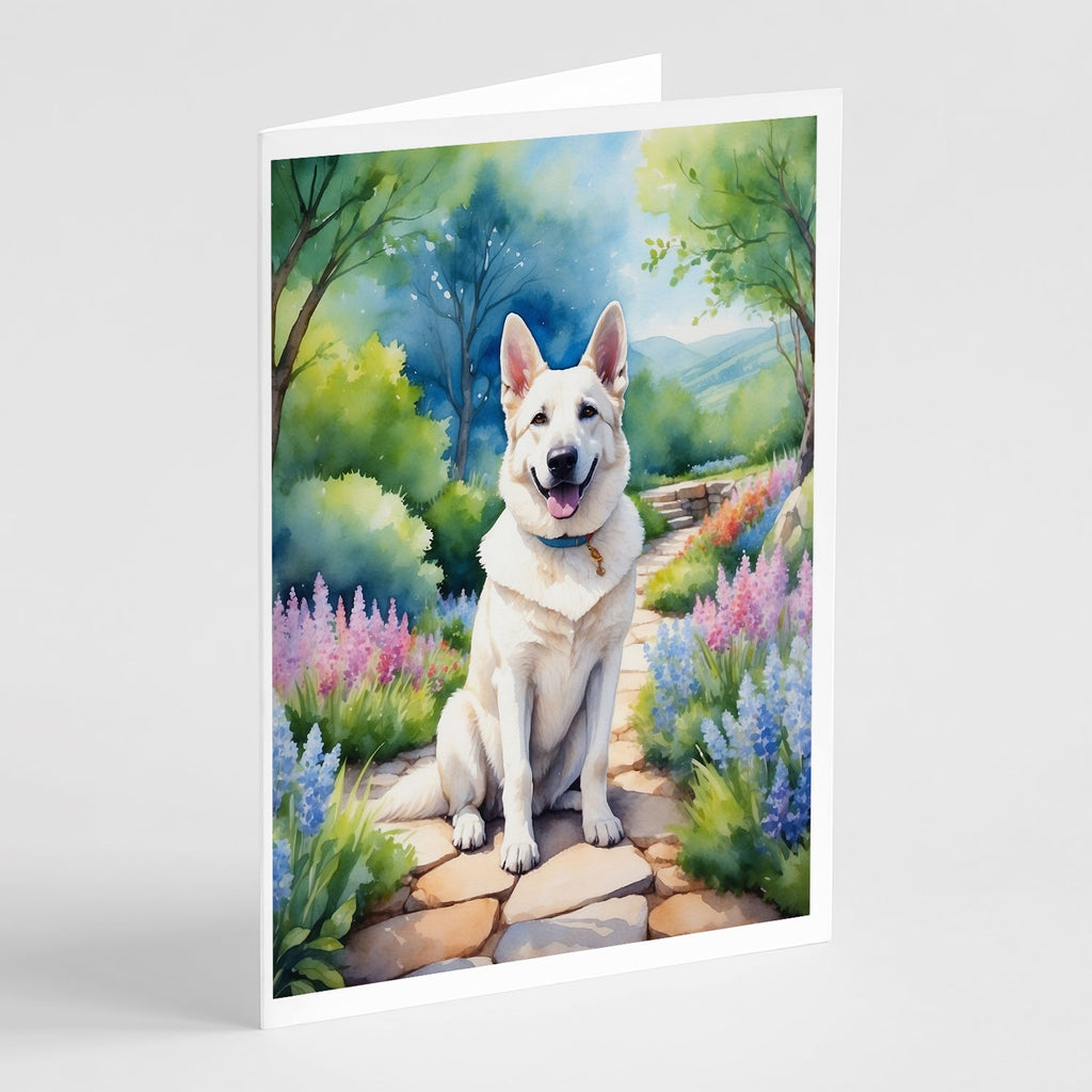 German Shepherd Spring Path Greeting Cards Pack of 8 Blank Cards with Envelopes Whimsical A7 Size 5x7