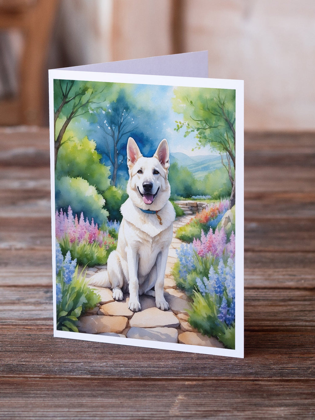 German Shepherd Spring Path Greeting Cards Pack of 8 Blank Cards with Envelopes Whimsical A7 Size 5x7