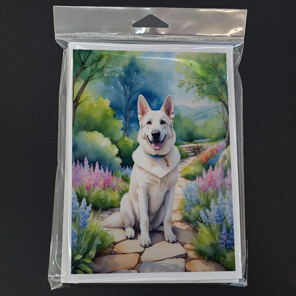 German Shepherd Spring Path Greeting Cards Pack of 8 Blank Cards with Envelopes Whimsical A7 Size 5x7