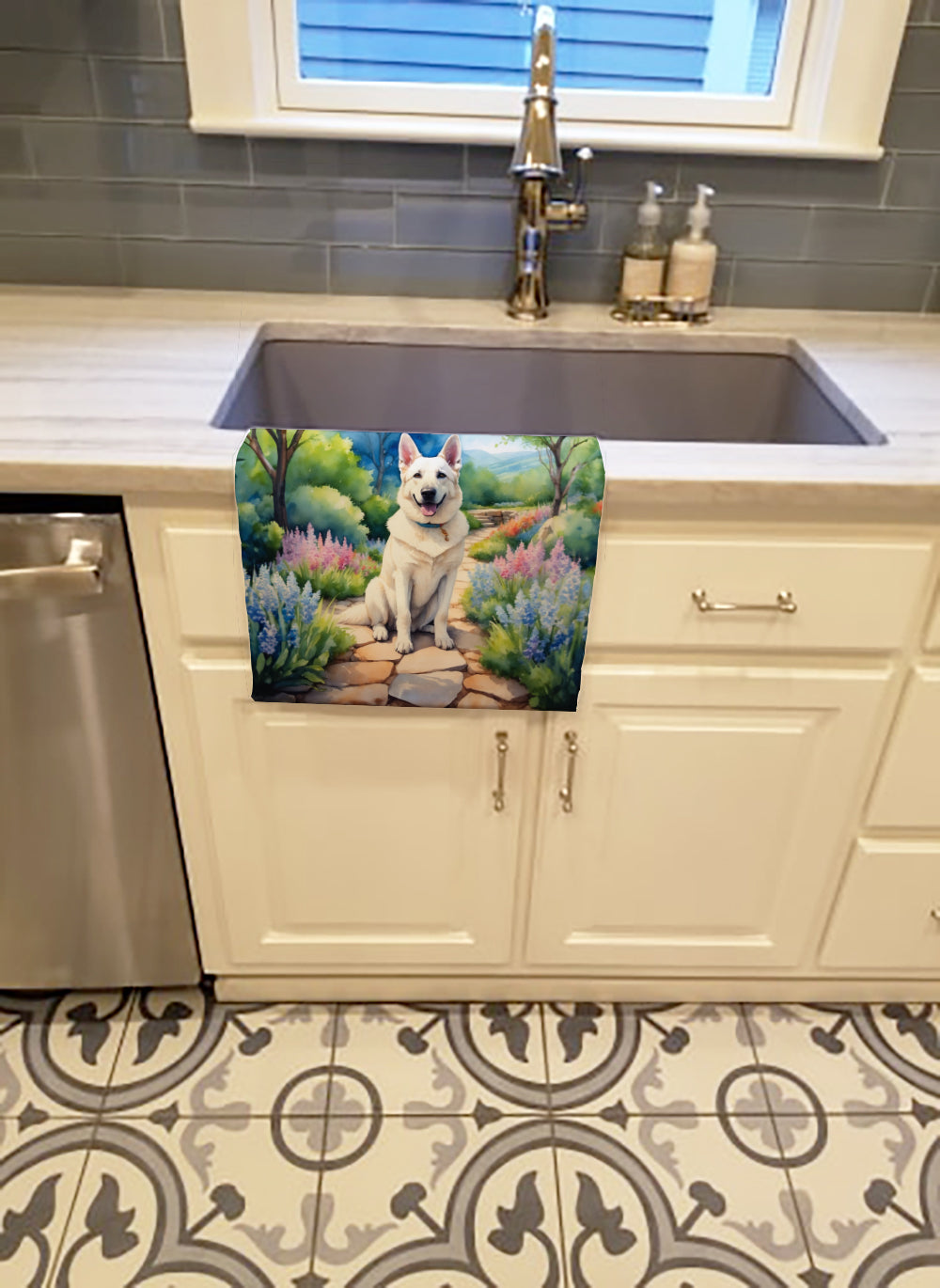 German Shepherd Spring Path Kitchen Towel Velour Plush Front and Cotton Loop Back Machine Washable