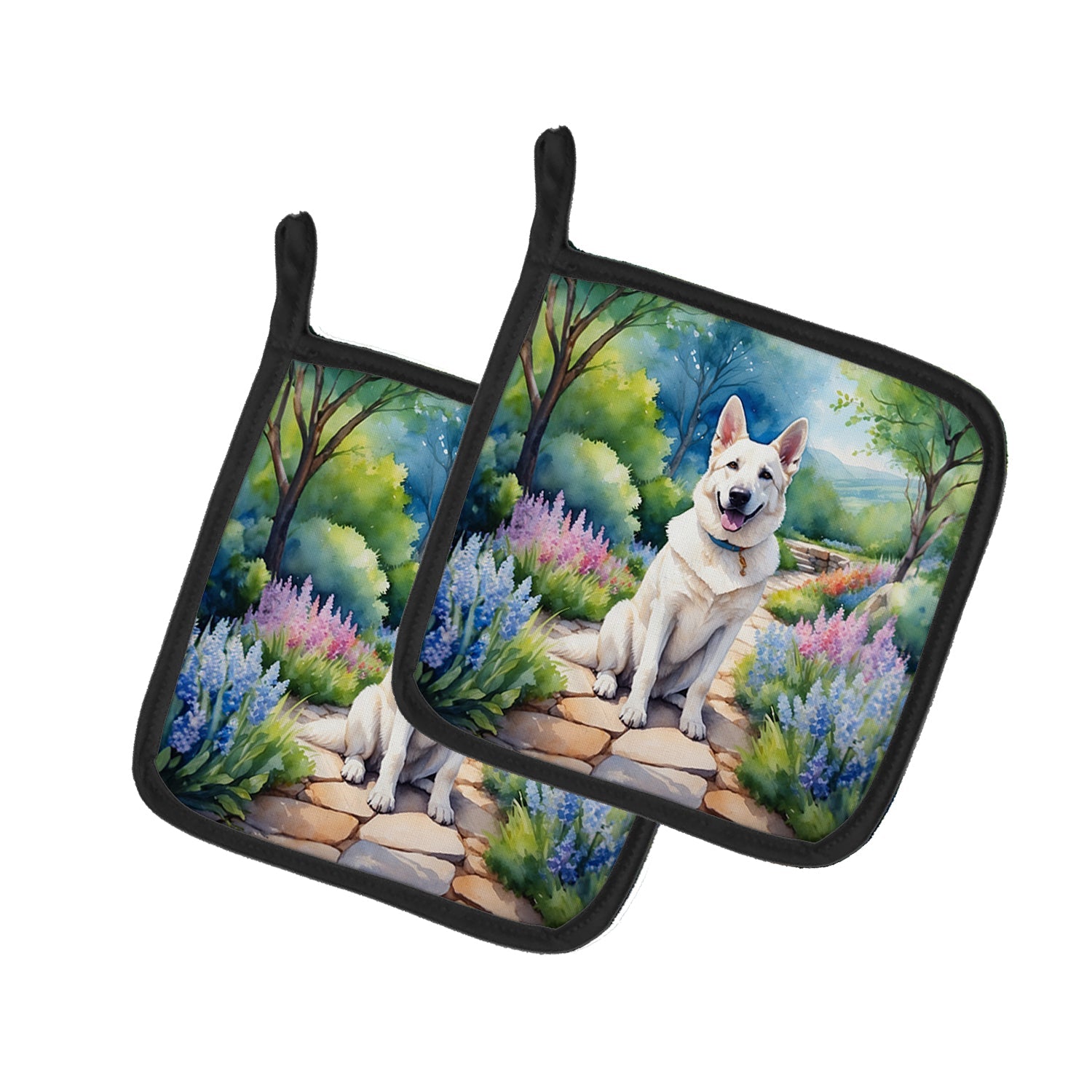 German Shepherd Spring Path Pot Holder Set of 2 Heat Resistant Quilted Hot Pads 7.5 x 7.5 Inch, Insulated Kitchen Trivets for Cooking & Baking