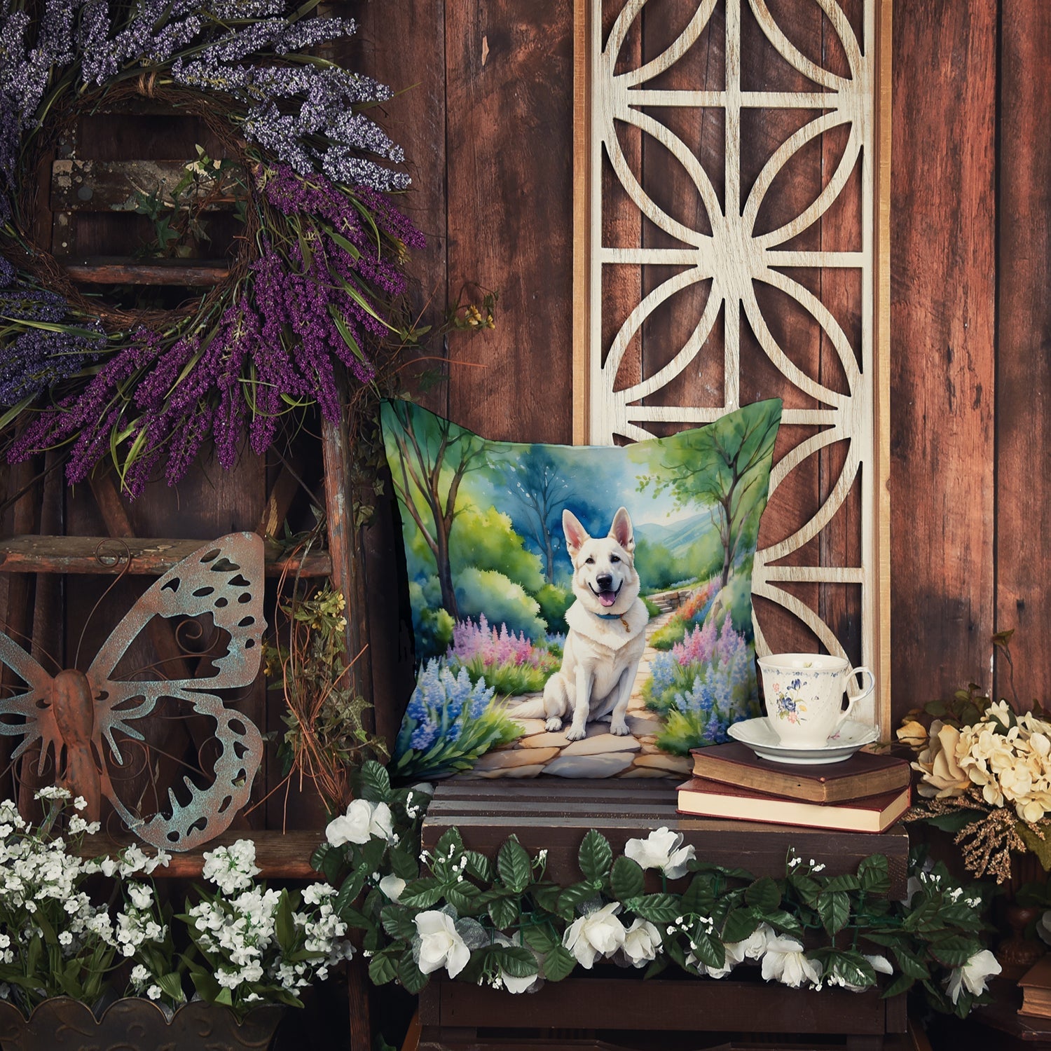German Shepherd Spring Path Decorative Throw Pillow 18x18 Indoor Outdoor Accent Cushion, Fabric Cover with Insert for Sofa, Bed, Porch & Living Room
