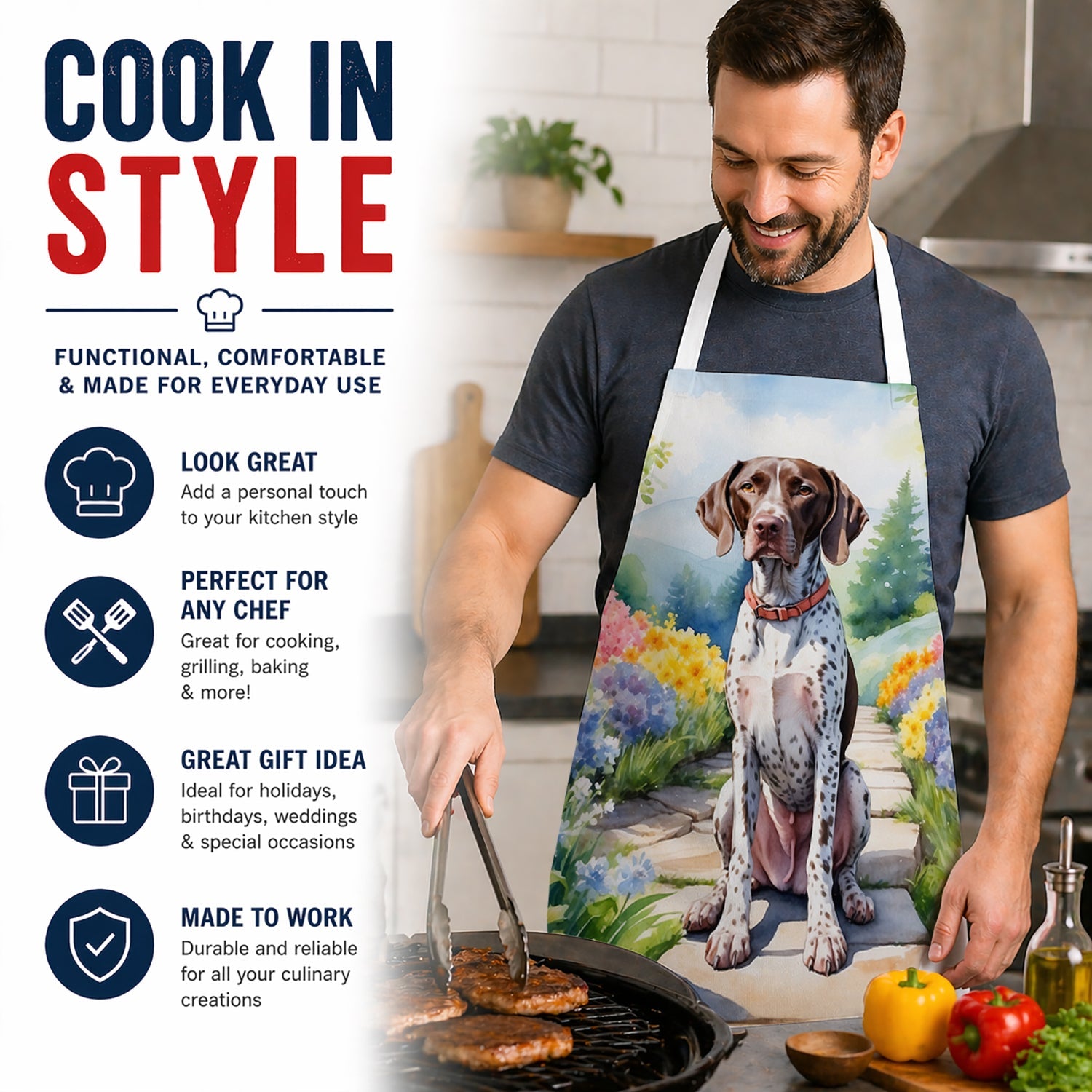 German Shorthaired Pointer Spring Path Apron Cooking Kitchen Server Baking Crafts Gardening for Adult Women Men, Unisex, Large, Multicolor