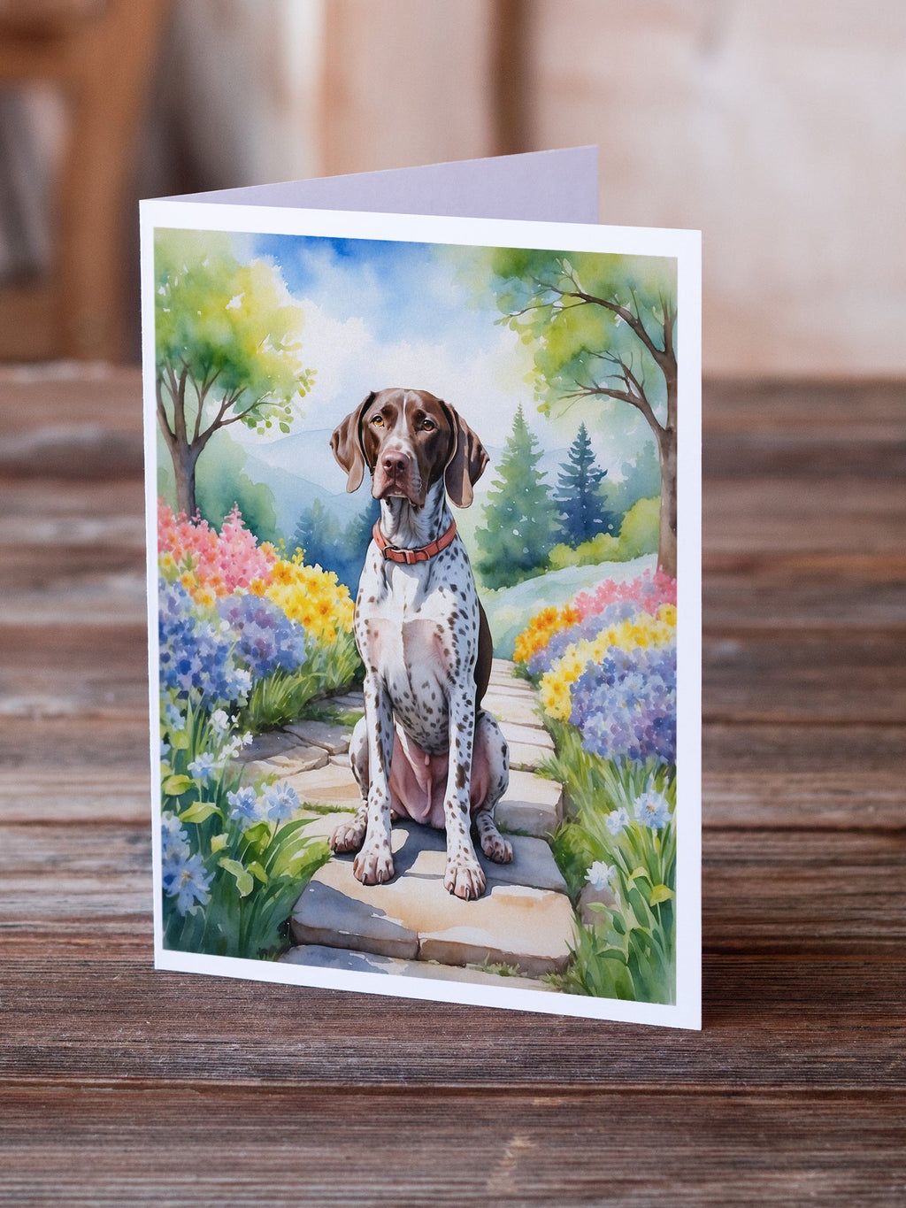 German Shorthaired Pointer Spring Path Greeting Cards Pack of 8 Blank Cards with Envelopes Whimsical A7 Size 5x7