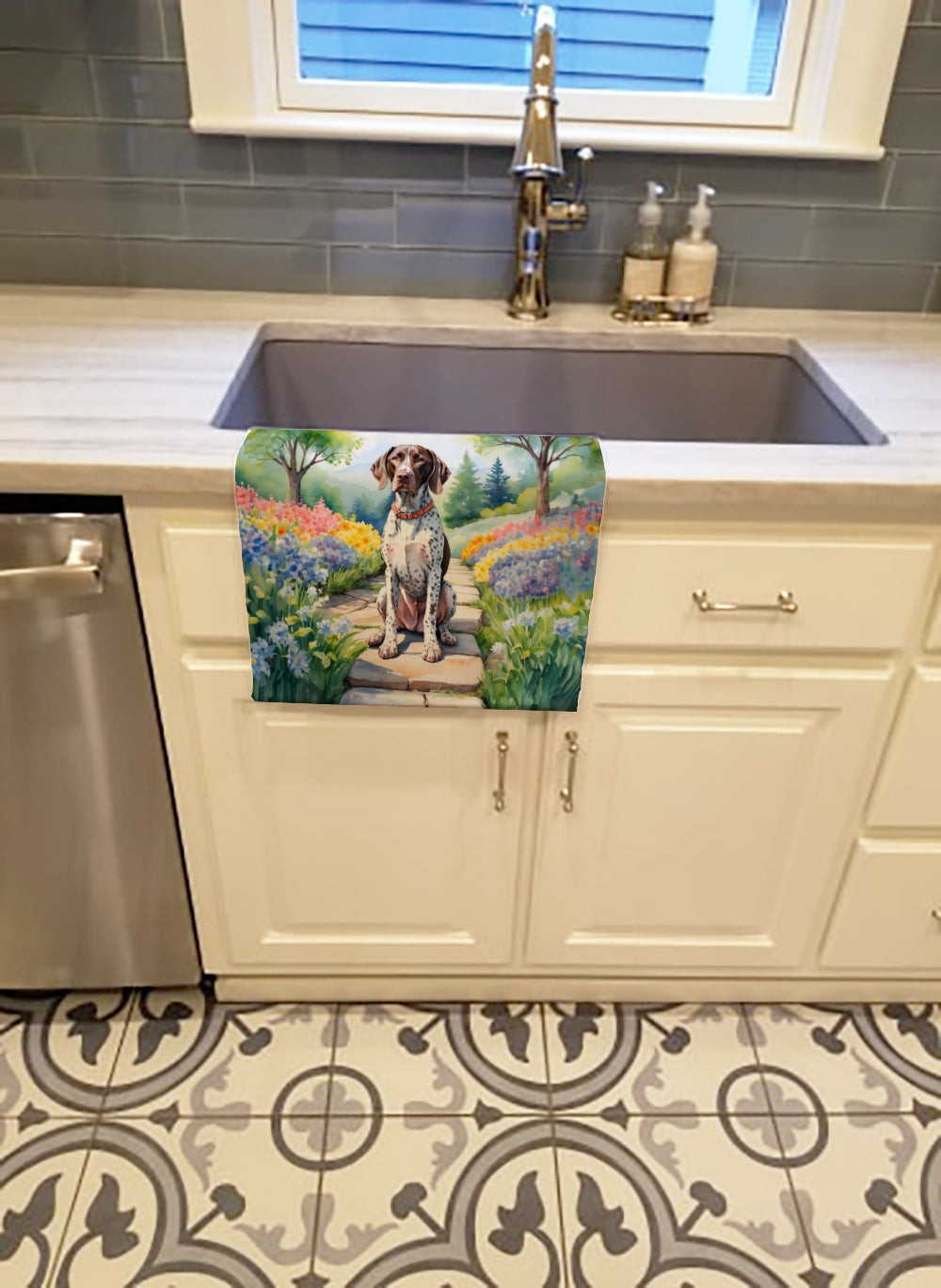 German Shorthaired Pointer Spring Path Kitchen Towel Velour Plush Front and Cotton Loop Back Machine Washable