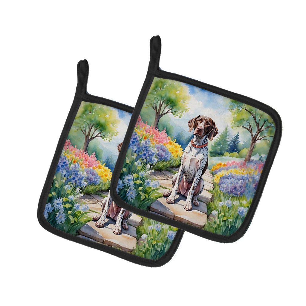 German Shorthaired Pointer Spring Path Pot Holder Set of 2 Heat Resistant Quilted Hot Pads 7.5 x 7.5 Inch, Insulated Kitchen Trivets for Cooking & Baking
