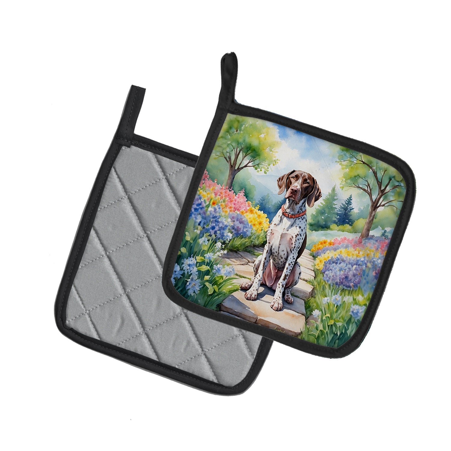 German Shorthaired Pointer Spring Path Pot Holder Set of 2 Heat Resistant Quilted Hot Pads 7.5 x 7.5 Inch, Insulated Kitchen Trivets for Cooking & Baking