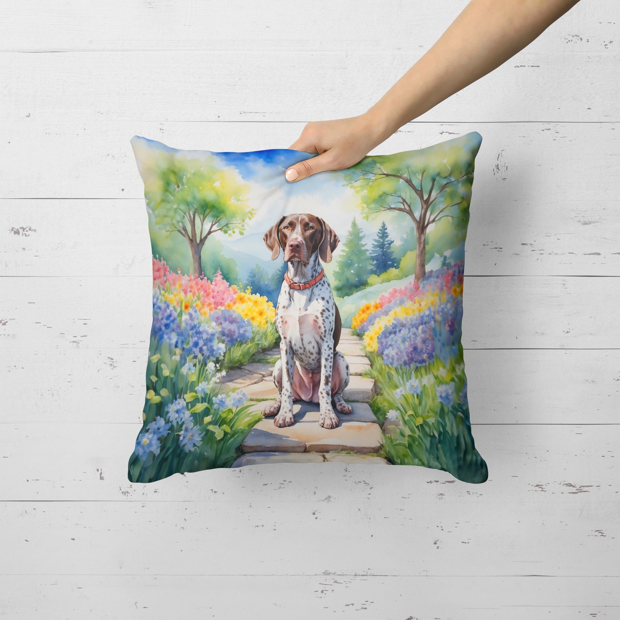 German Shorthaired Pointer Spring Path Decorative Throw Pillow 18x18 Indoor Outdoor Accent Cushion, Fabric Cover with Insert for Sofa, Bed, Porch & Living Room