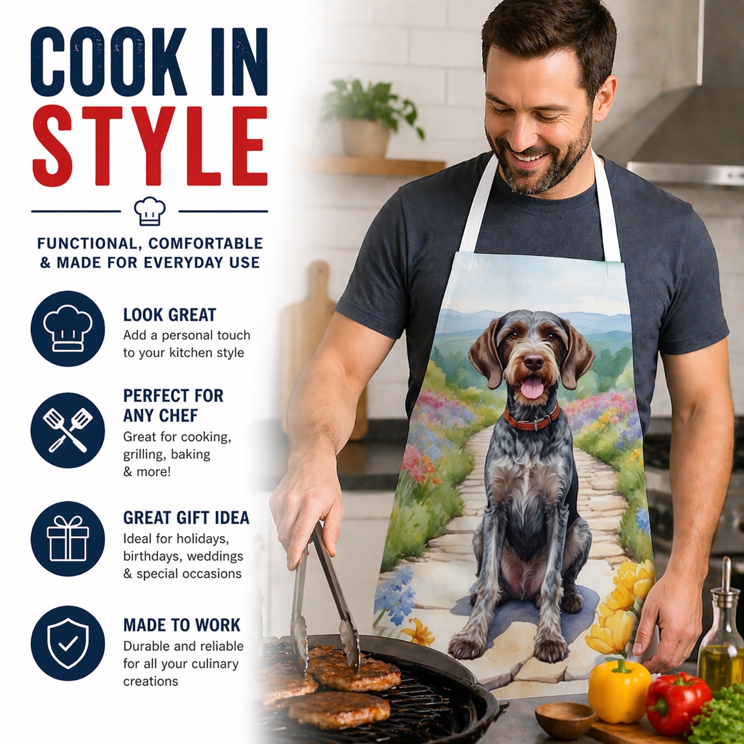 German Wirehaired Pointer Spring Path Apron Cooking Kitchen Server Baking Crafts Gardening for Adult Women Men, Unisex, Large, Multicolor