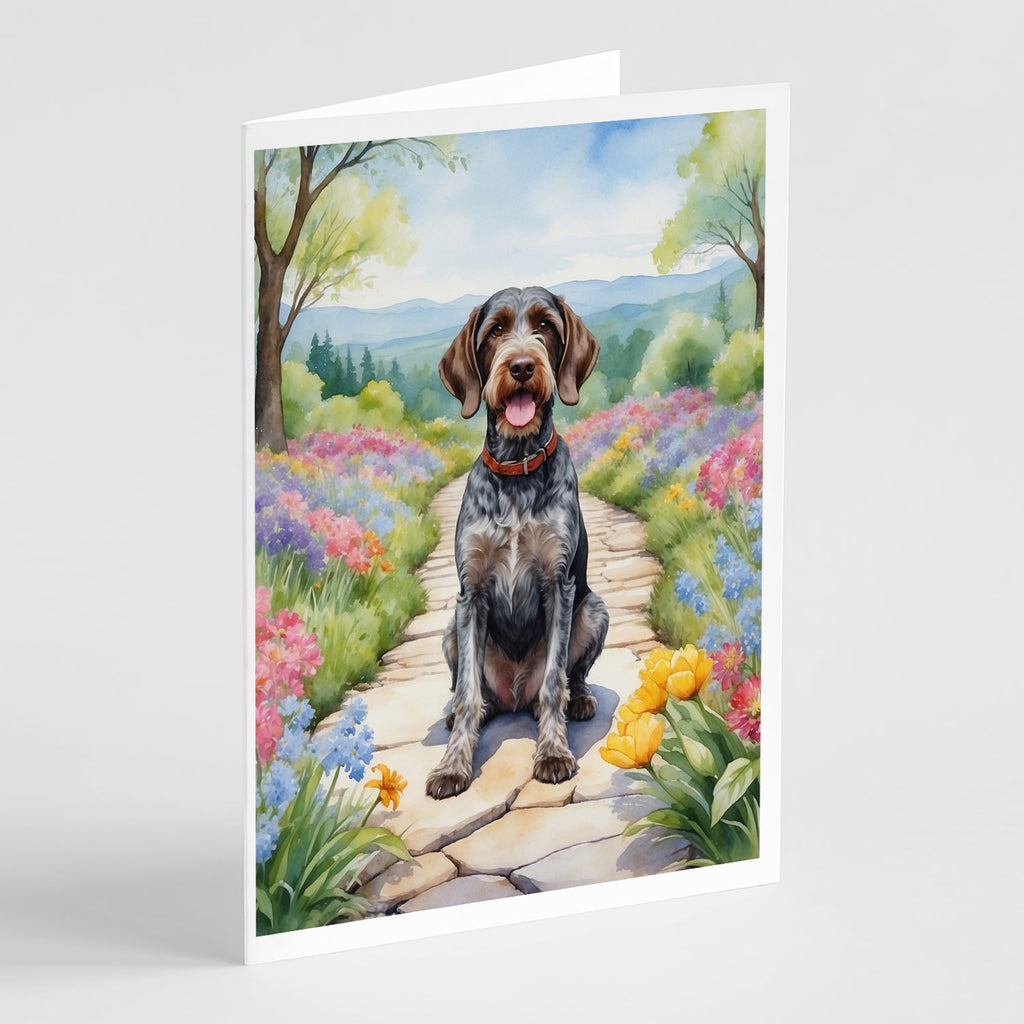 German Wirehaired Pointer Spring Path Greeting Cards Pack of 8 Blank Cards with Envelopes Whimsical A7 Size 5x7