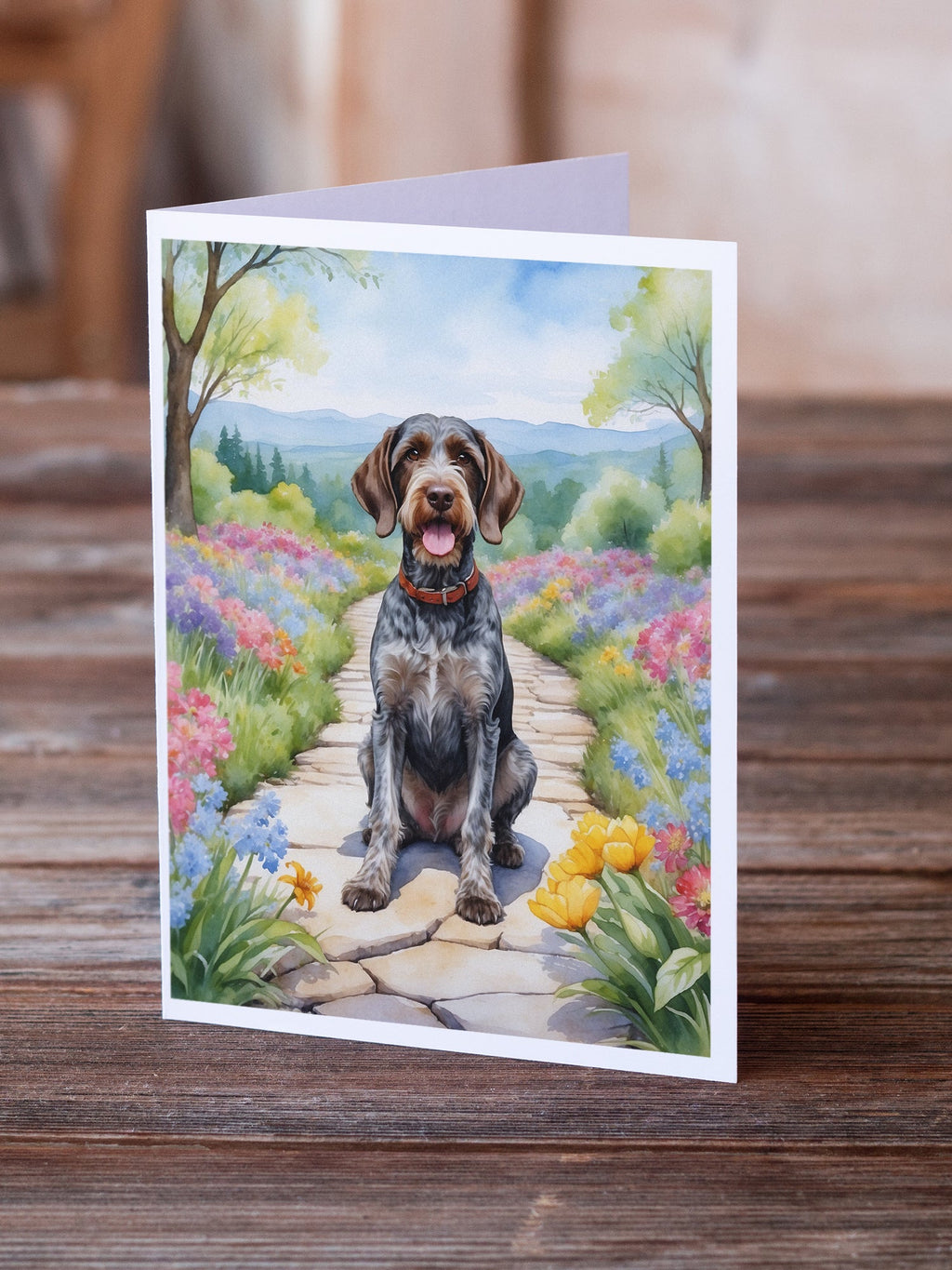 German Wirehaired Pointer Spring Path Greeting Cards Pack of 8 Blank Cards with Envelopes Whimsical A7 Size 5x7