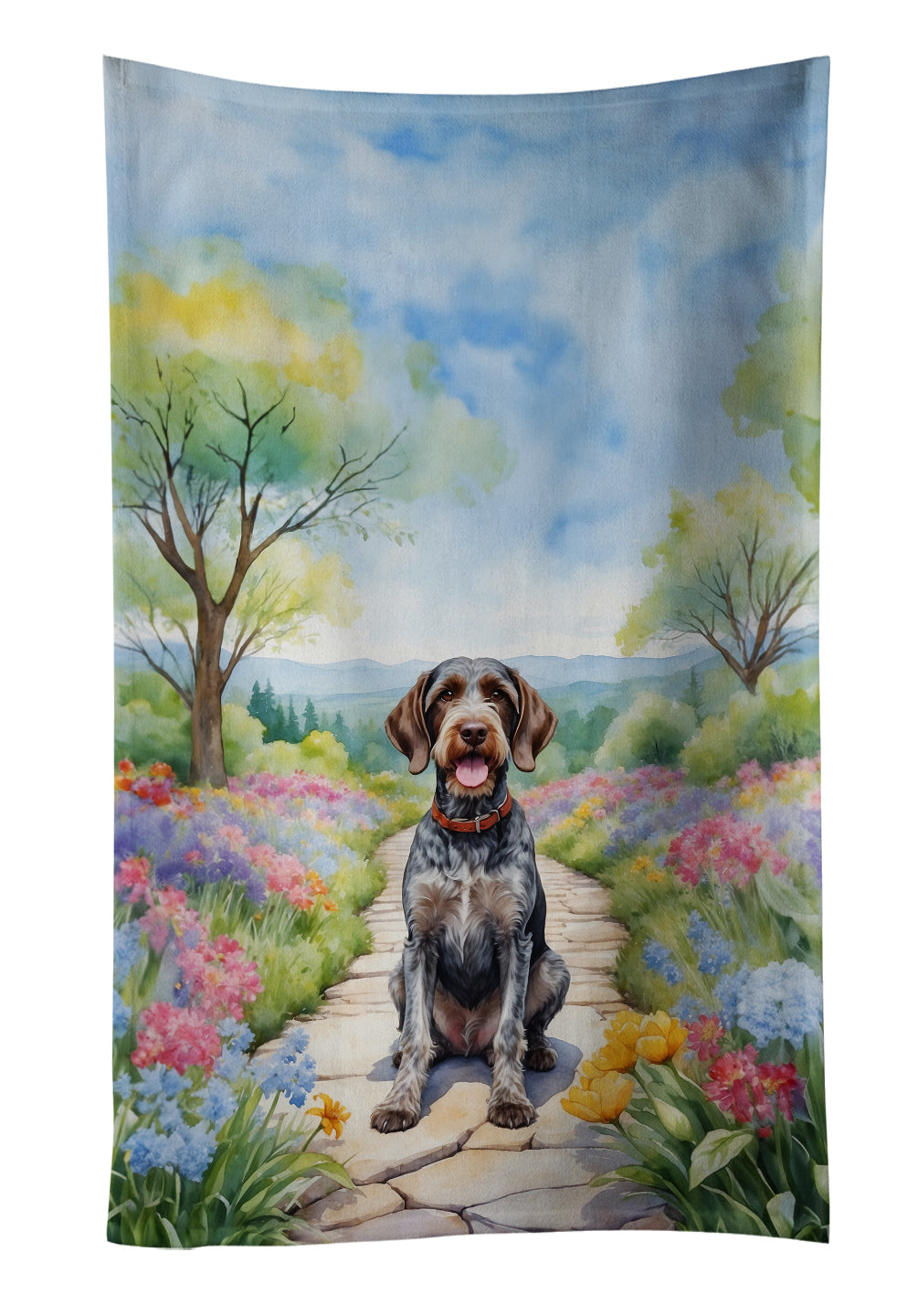 German Wirehaired Pointer Spring Path Kitchen Towel Velour Plush Front and Cotton Loop Back Machine Washable