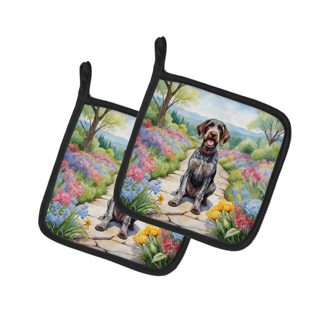 German Wirehaired Pointer Spring Path Pot Holder Set of 2 Heat Resistant Quilted Hot Pads 7.5 x 7.5 Inch, Insulated Kitchen Trivets for Cooking & Baking