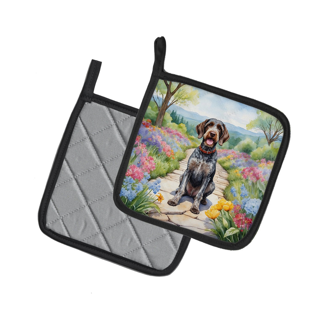 German Wirehaired Pointer Spring Path Pot Holder Set of 2 Heat Resistant Quilted Hot Pads 7.5 x 7.5 Inch, Insulated Kitchen Trivets for Cooking & Baking