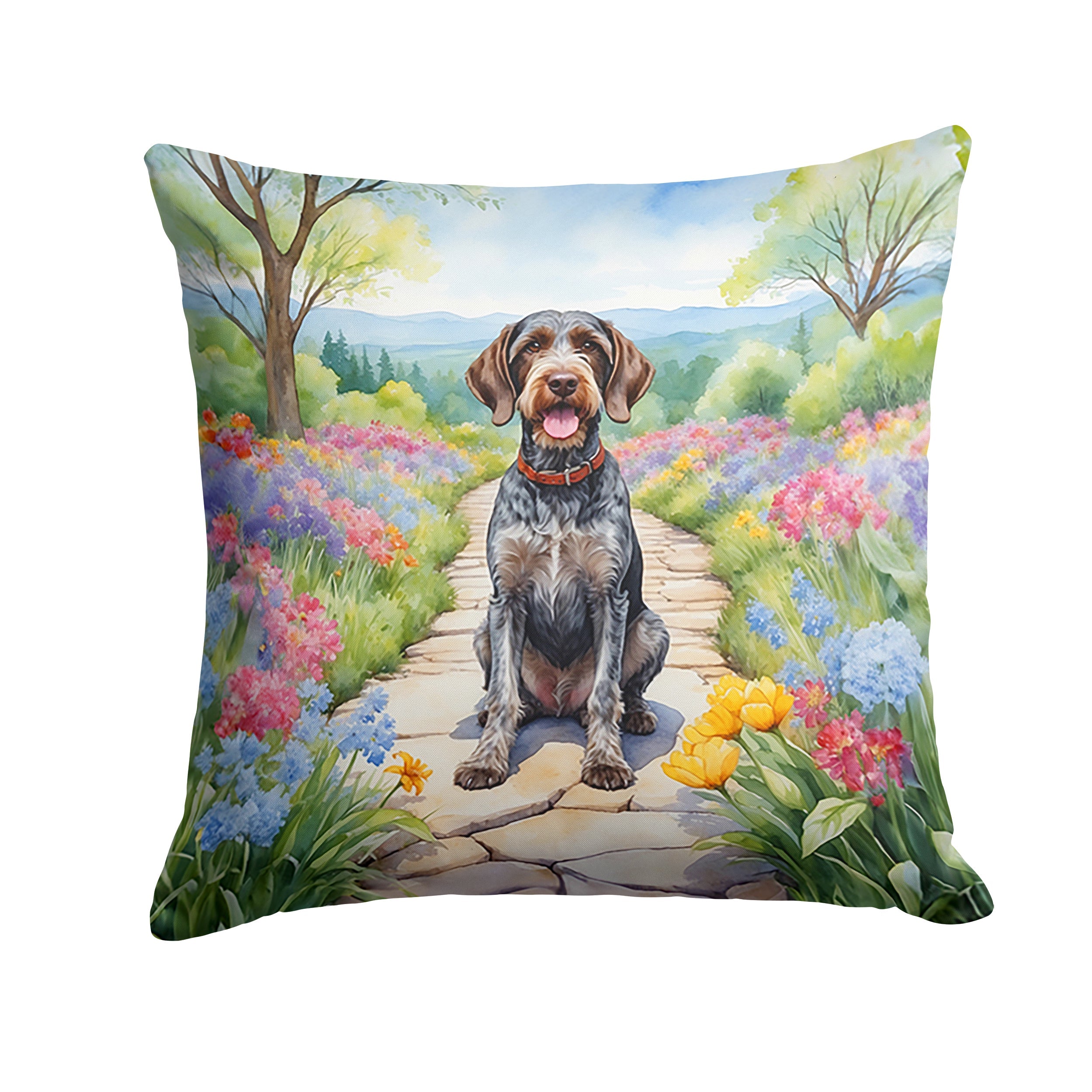German Wirehaired Pointer Spring Path Decorative Throw Pillow 18x18 Indoor Outdoor Accent Cushion, Fabric Cover with Insert for Sofa, Bed, Porch & Living Room