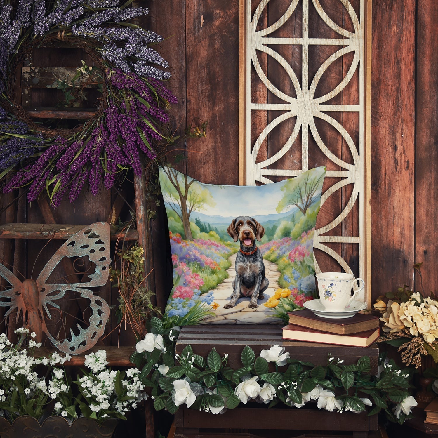 German Wirehaired Pointer Spring Path Decorative Throw Pillow 18x18 Indoor Outdoor Accent Cushion, Fabric Cover with Insert for Sofa, Bed, Porch & Living Room