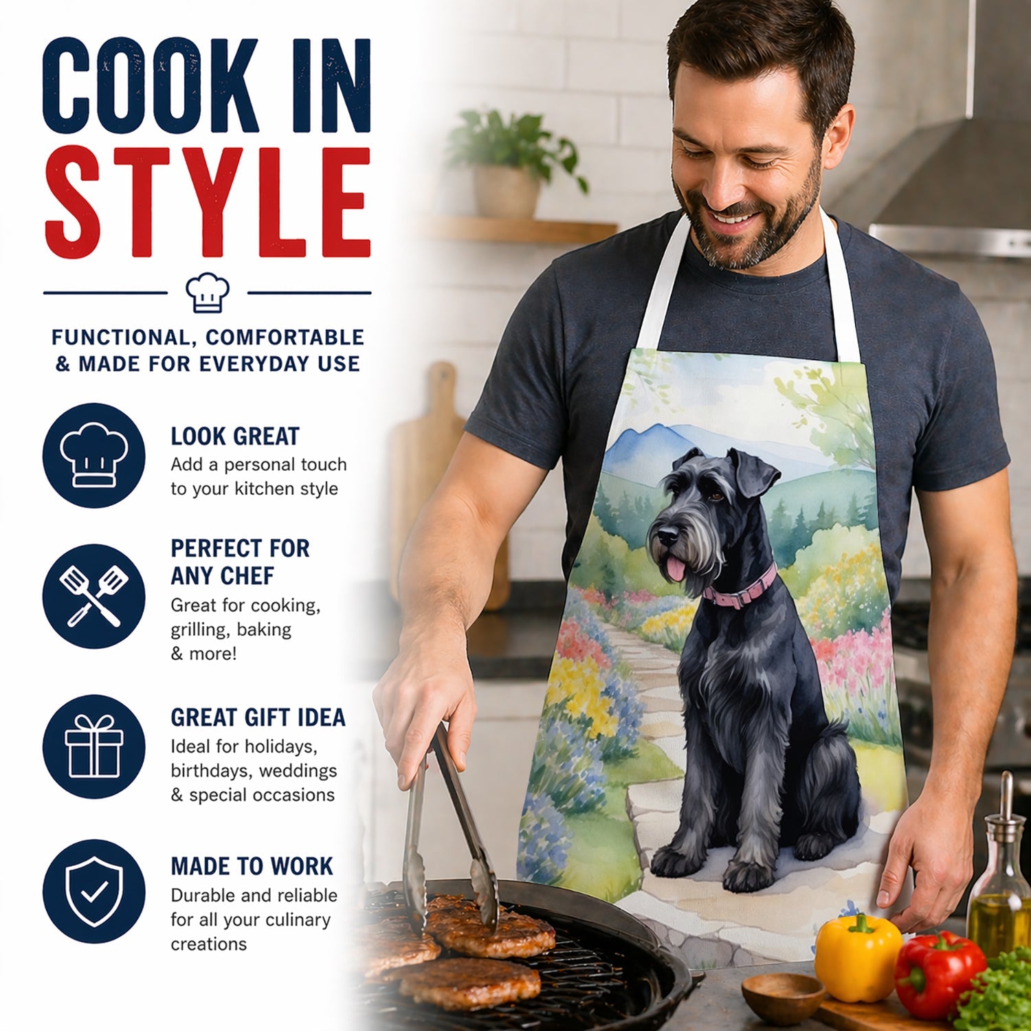 Giant Schnauzer Spring Path Apron Cooking Kitchen Server Baking Crafts Gardening for Adult Women Men, Unisex, Large, Multicolor