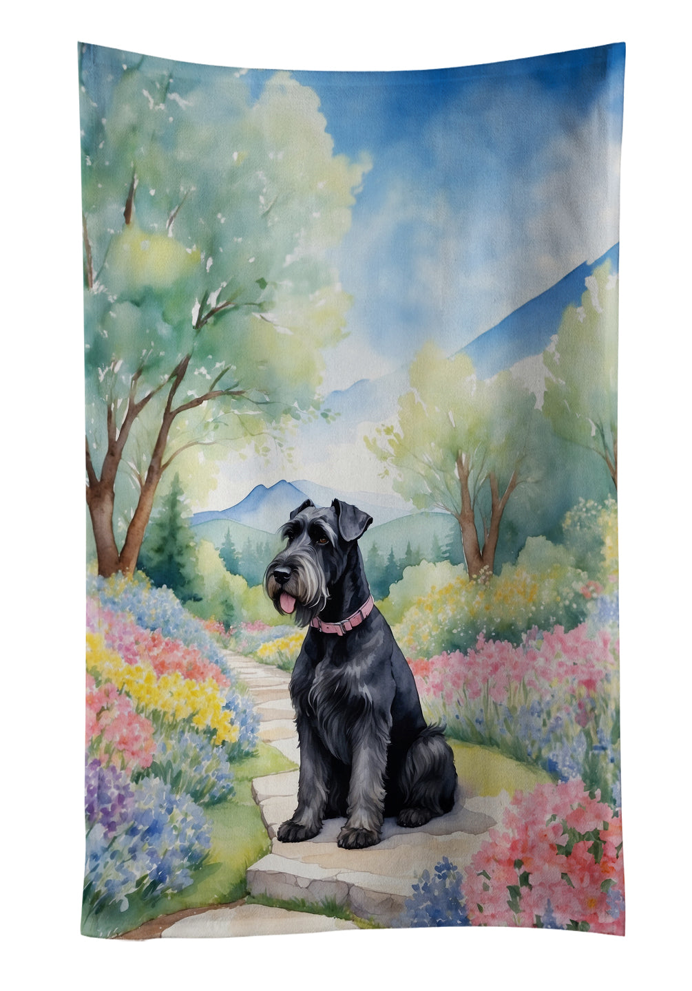 Giant Schnauzer Spring Path Kitchen Towel Velour Plush Front and Cotton Loop Back Machine Washable