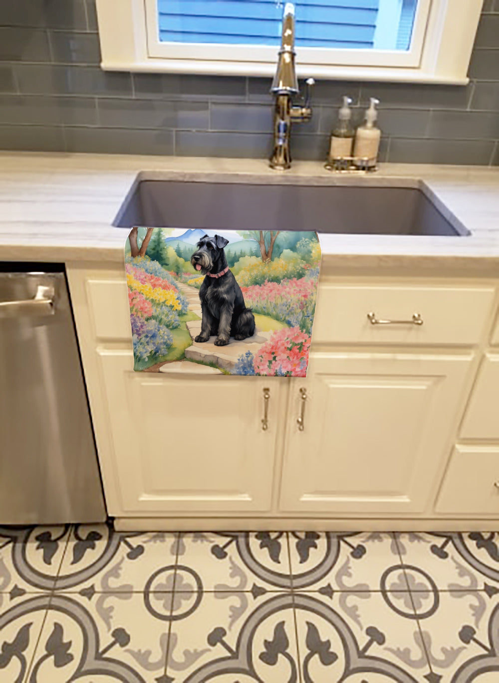 Giant Schnauzer Spring Path Kitchen Towel Velour Plush Front and Cotton Loop Back Machine Washable