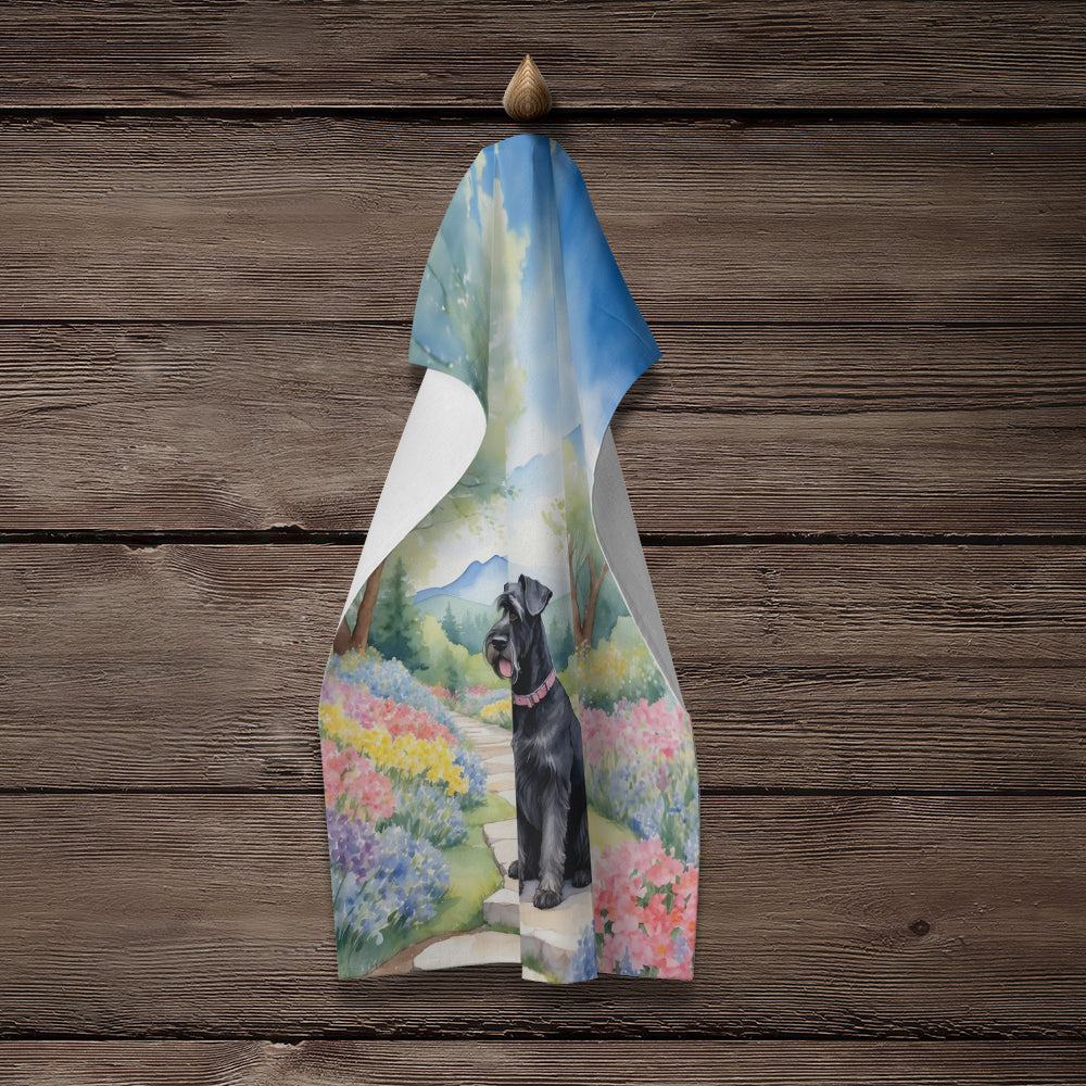 Giant Schnauzer Spring Path Kitchen Towel Velour Plush Front and Cotton Loop Back Machine Washable