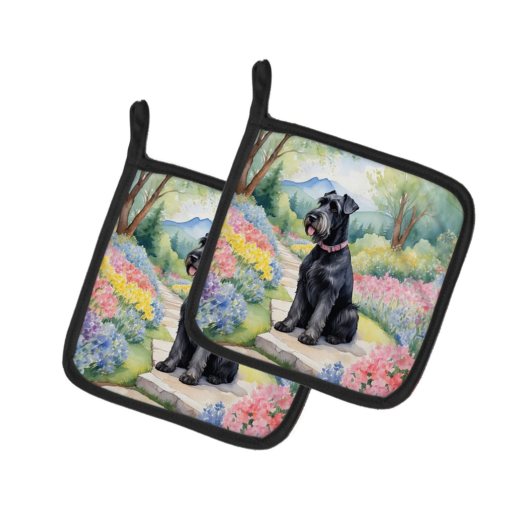 Giant Schnauzer Spring Path Pot Holder Set of 2 Heat Resistant Quilted Hot Pads 7.5 x 7.5 Inch, Insulated Kitchen Trivets for Cooking & Baking