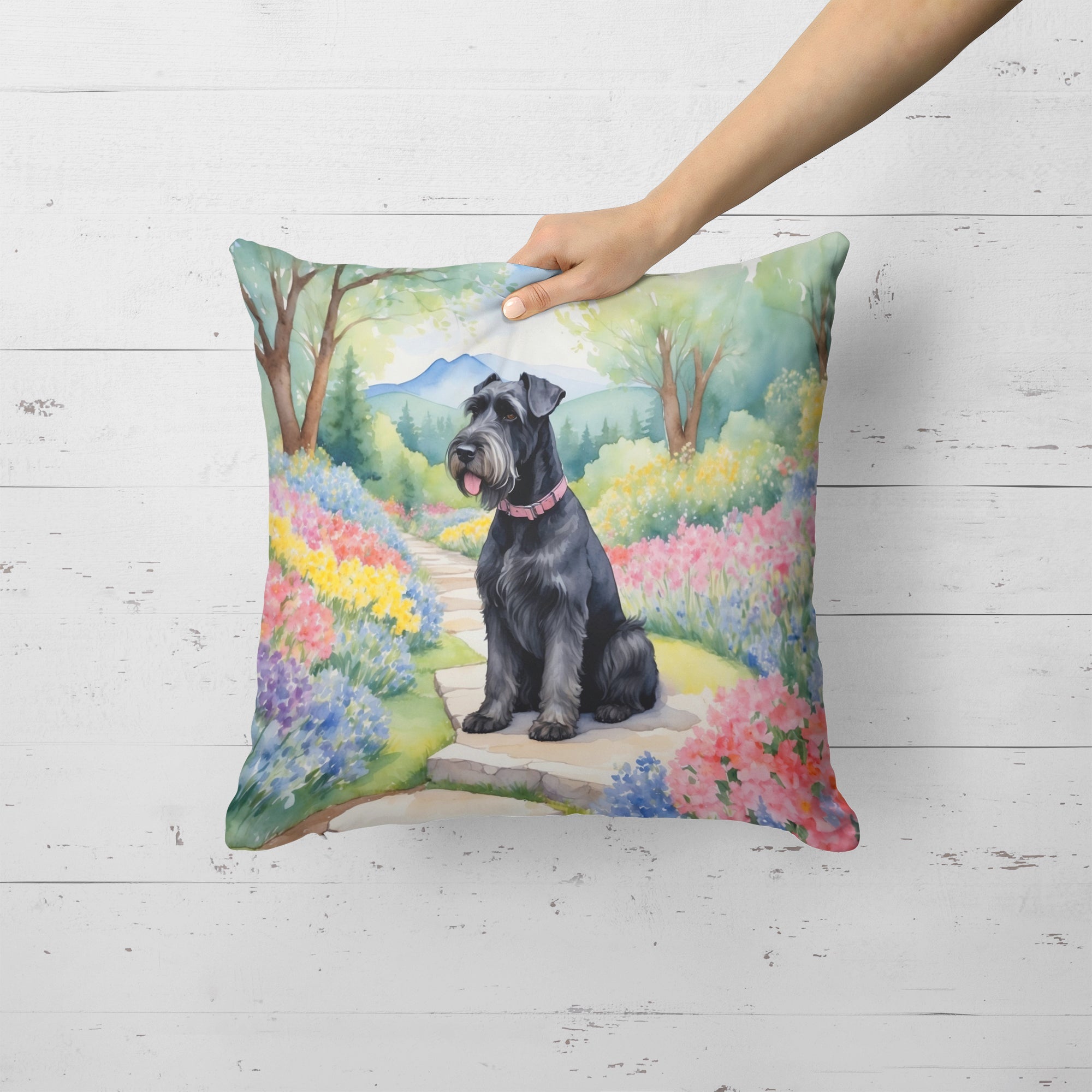 Giant Schnauzer Spring Path Decorative Throw Pillow 18x18 Indoor Outdoor Accent Cushion, Fabric Cover with Insert for Sofa, Bed, Porch & Living Room
